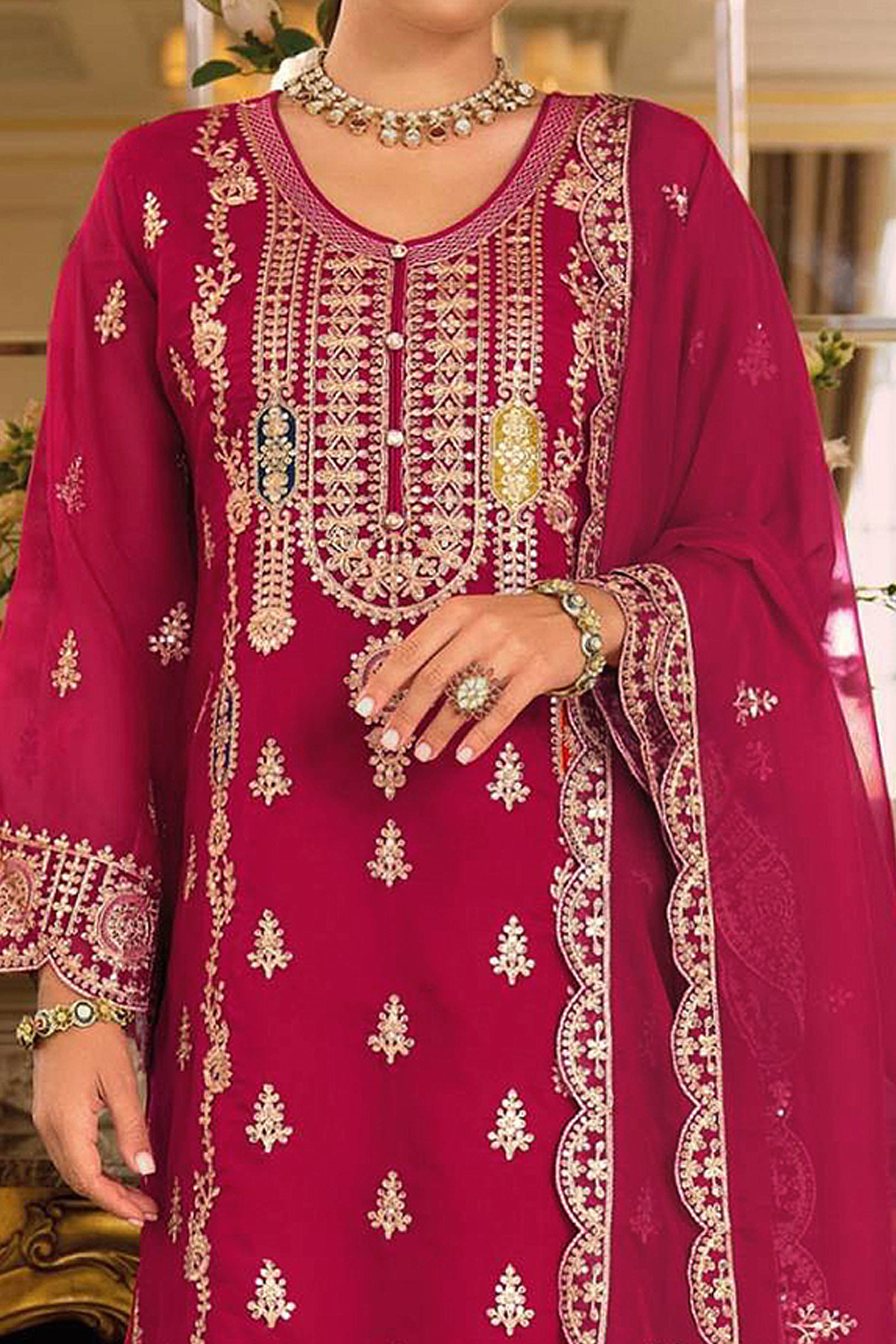 Pink Chinon Semi-Stitched Pakistani Salwar Suit with Elegant Golden Thread Embroidery