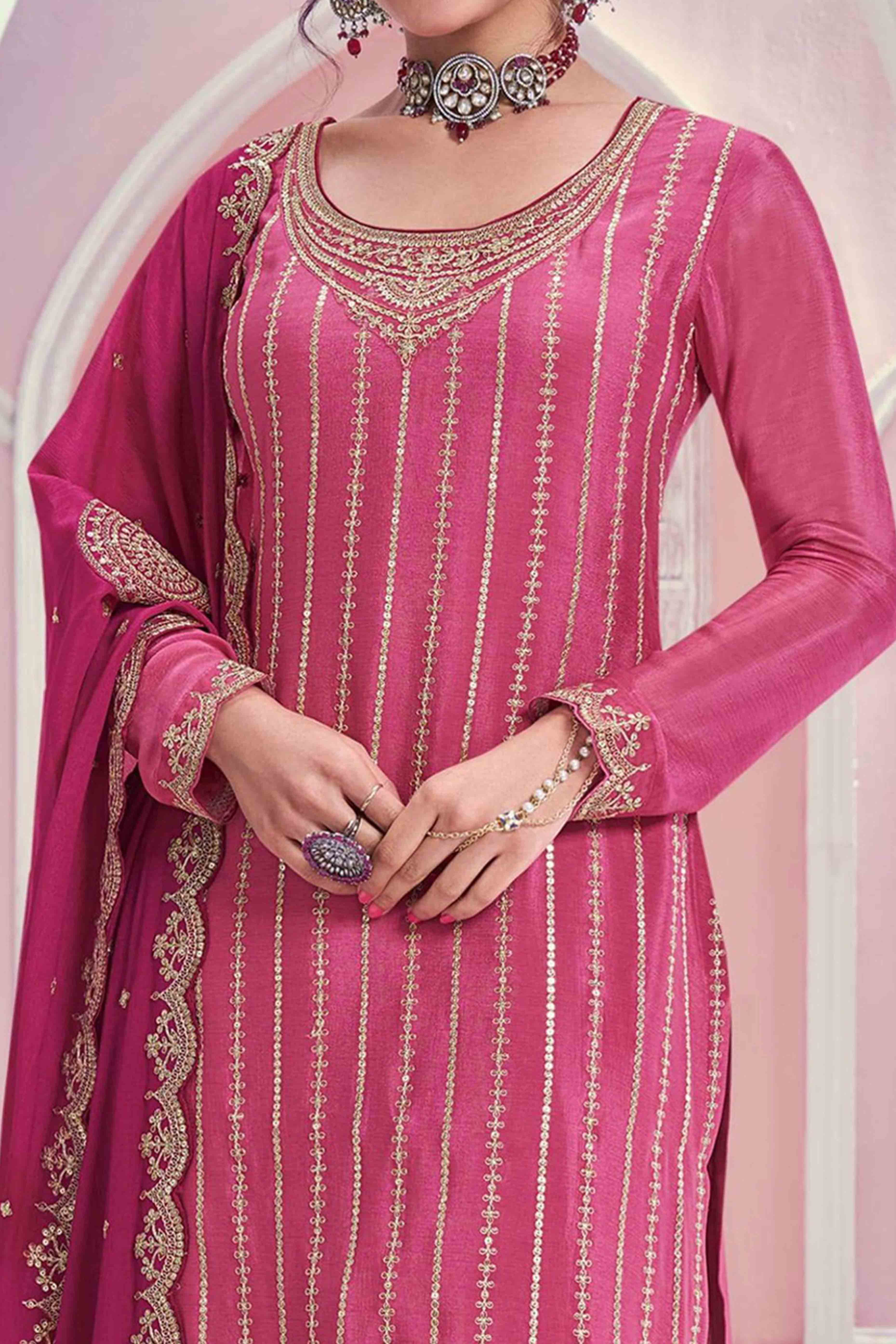 Pink Sequins Embroidered Chinon Sharara Suit