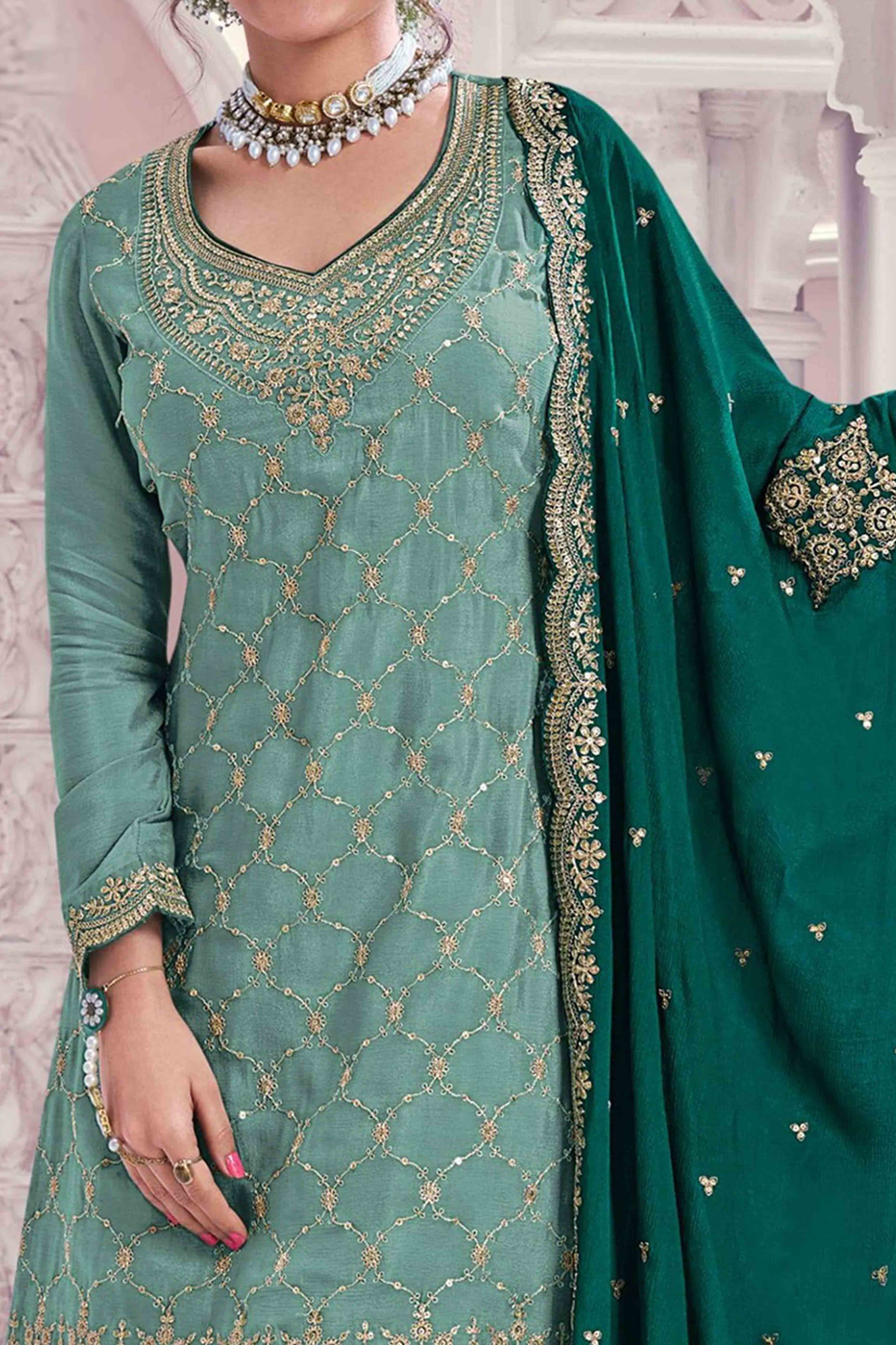 Turquoise Sequins Embroidered Chinon Sharara Suit