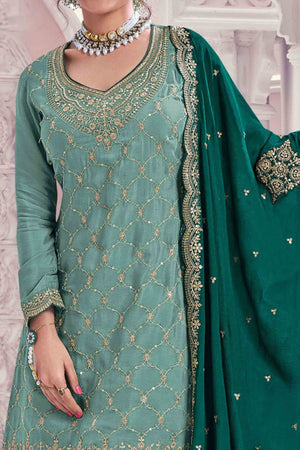 Turquoise Sequins Embroidered Chinon Sharara Suit