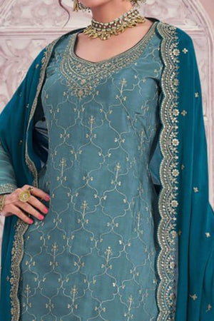 Blue Sequins Embroidered Chinon Sharara Suit