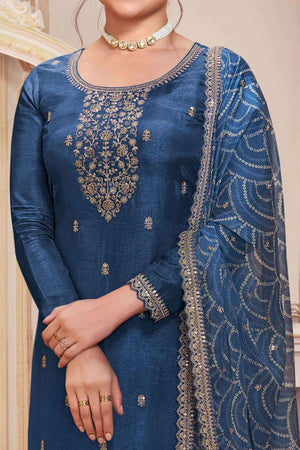 Blue Embroidered Georgette Semi-Stitched Pakistani Suit