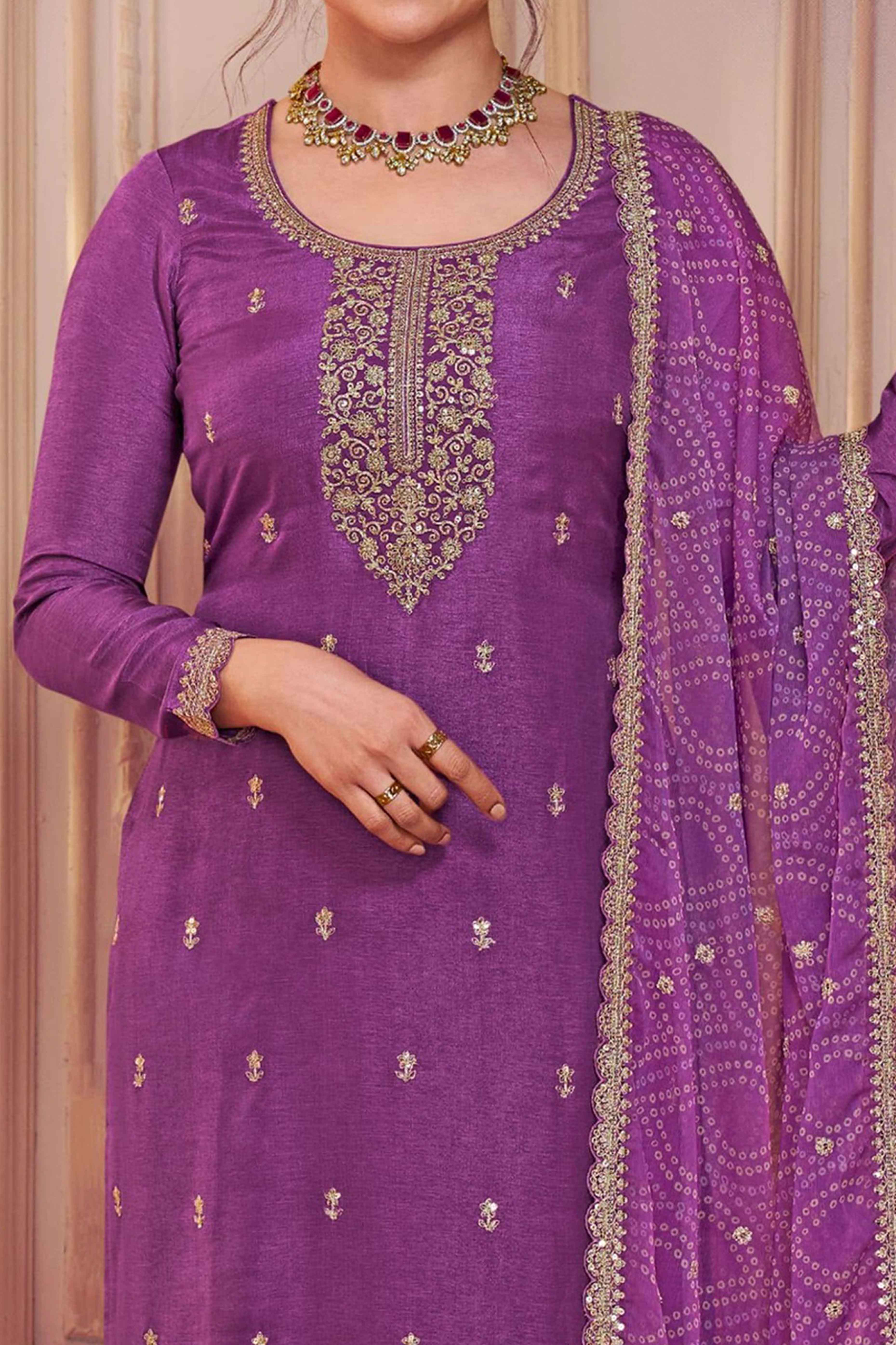 Purple Embroidered Georgette Semi-Stitched Pakistani Suit