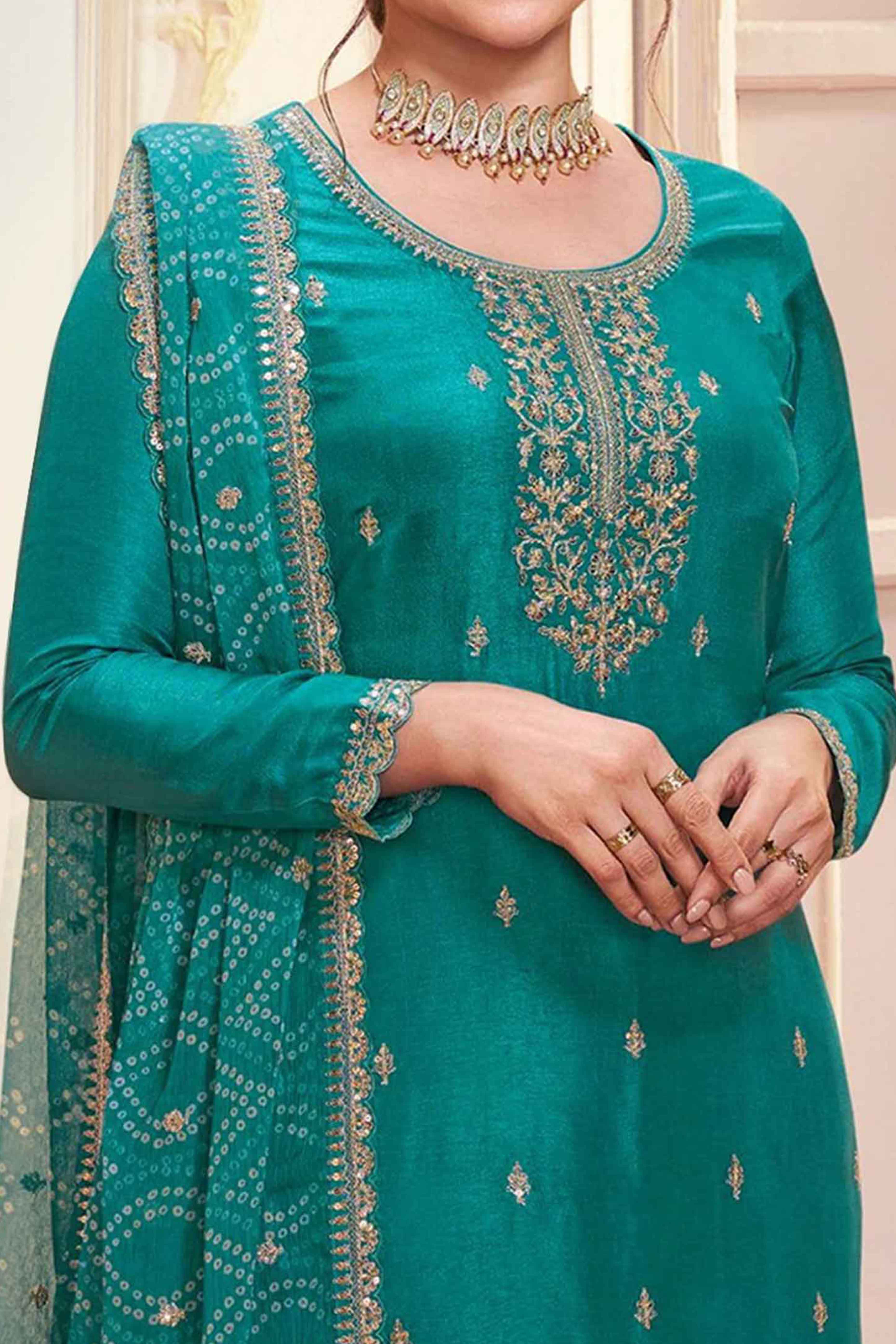 Rama Green Embroidered Georgette Semi-Stitched Pakistani Suit