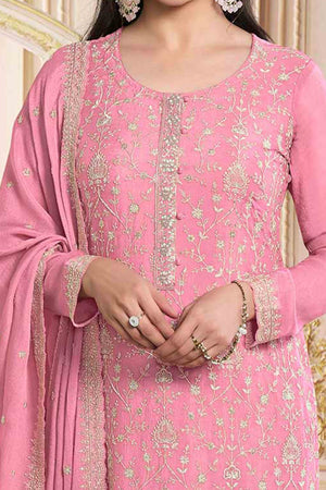 Pink Floral Sequins Embroidery Georgette Semi Stitched Salwar Suit