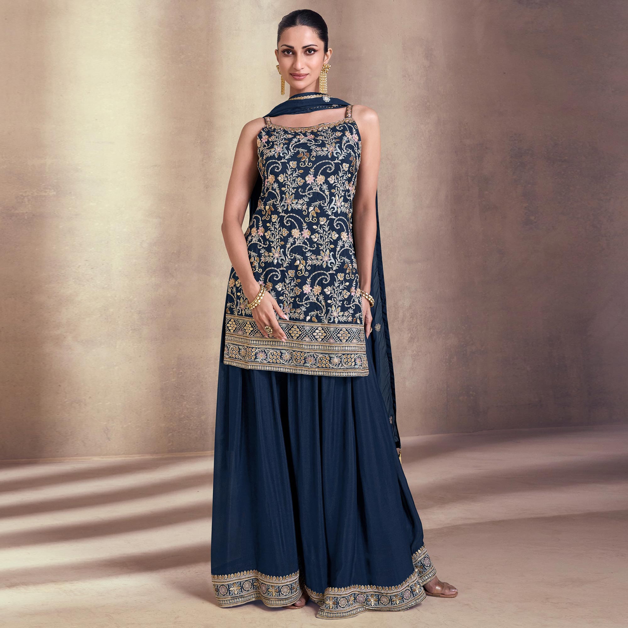 Teal Embroidered Georgette Semi Stitched Dress Material