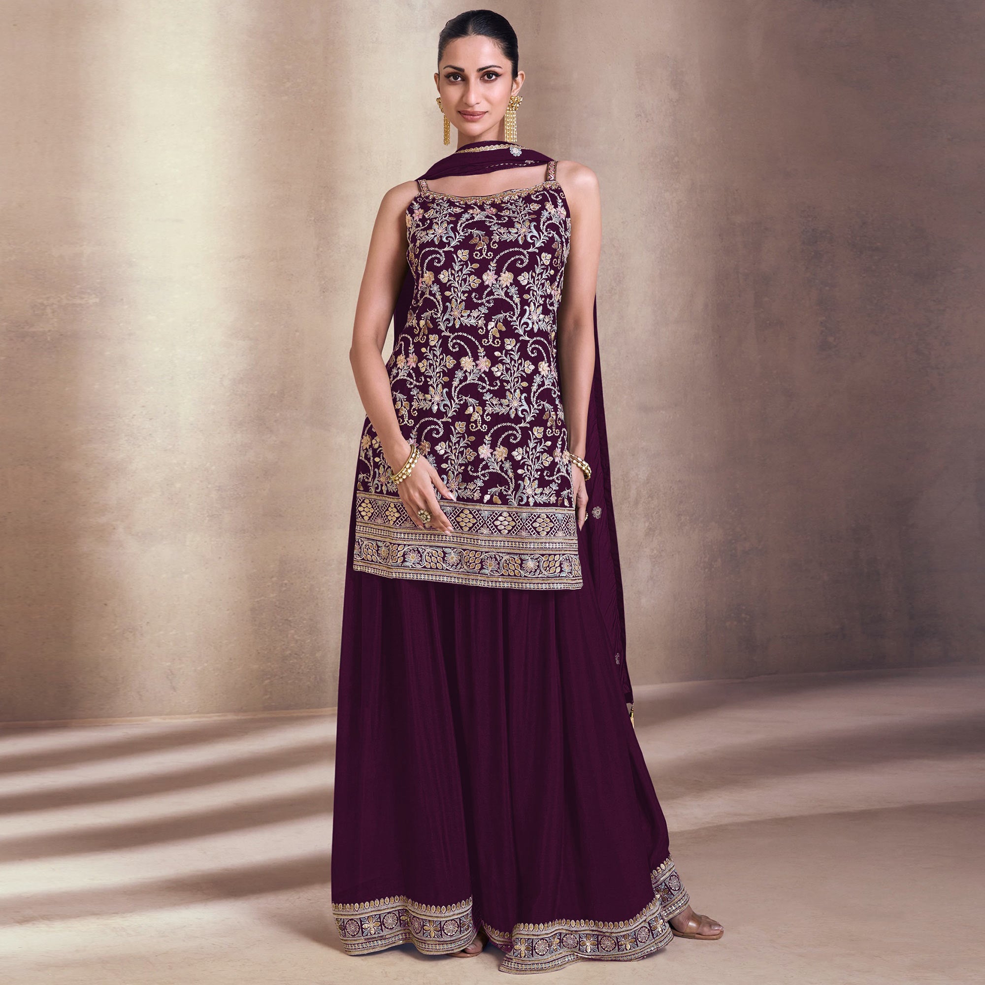 Purple Embroidered Georgette Semi Stitched Dress Material