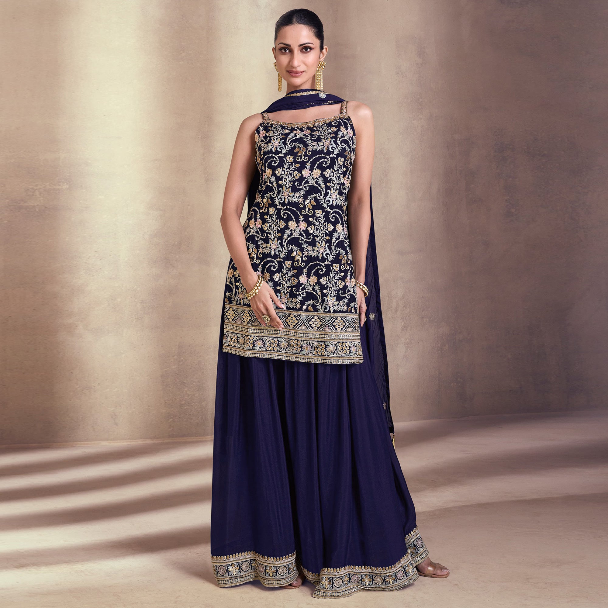 Blue Embroidered Georgette Semi Stitched Dress Material