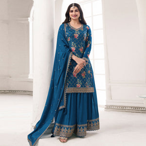 Teal Embroidered Chinon Semi Stitched Dress Material