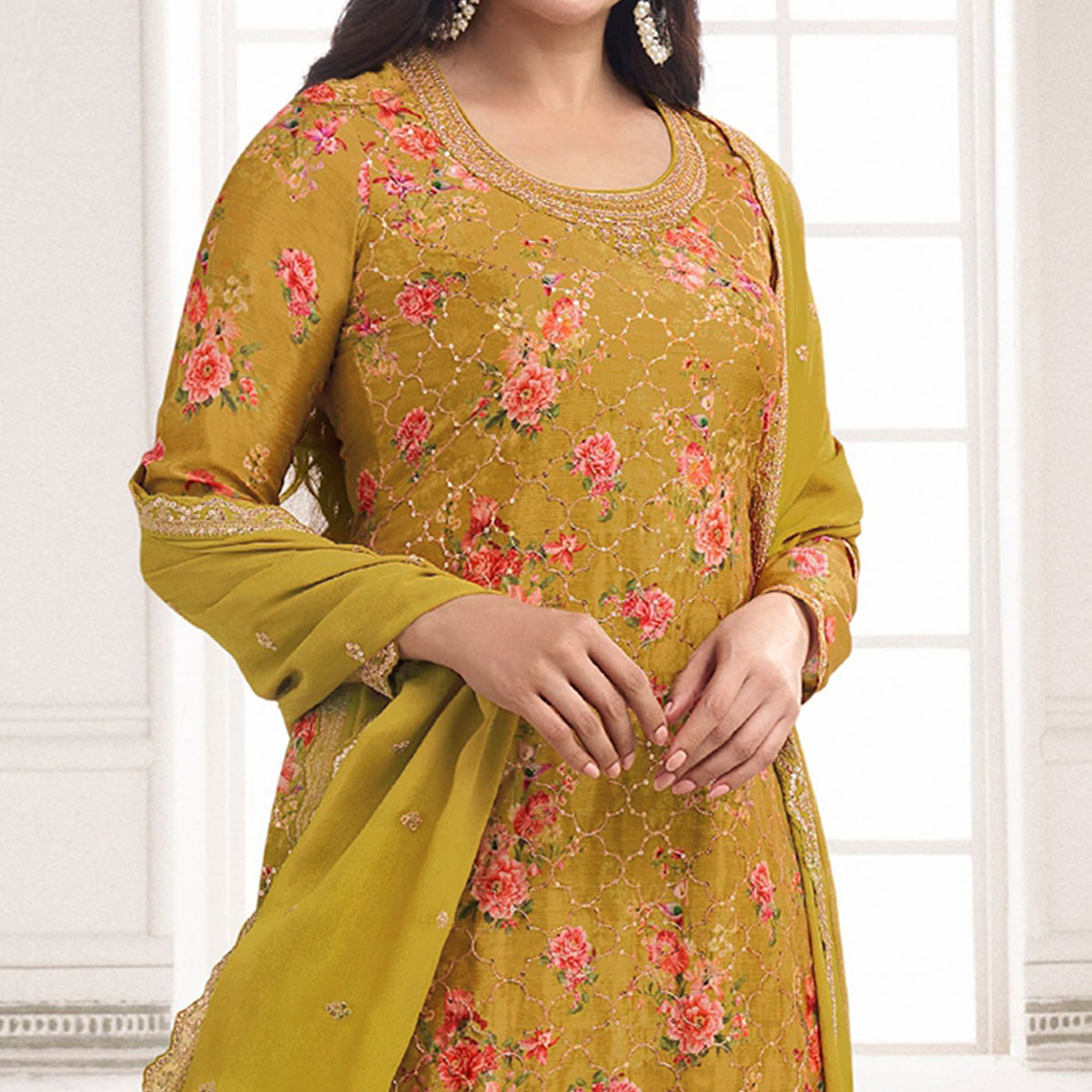 Mustard Embroidered Chinon Semi Stitched Dress Material