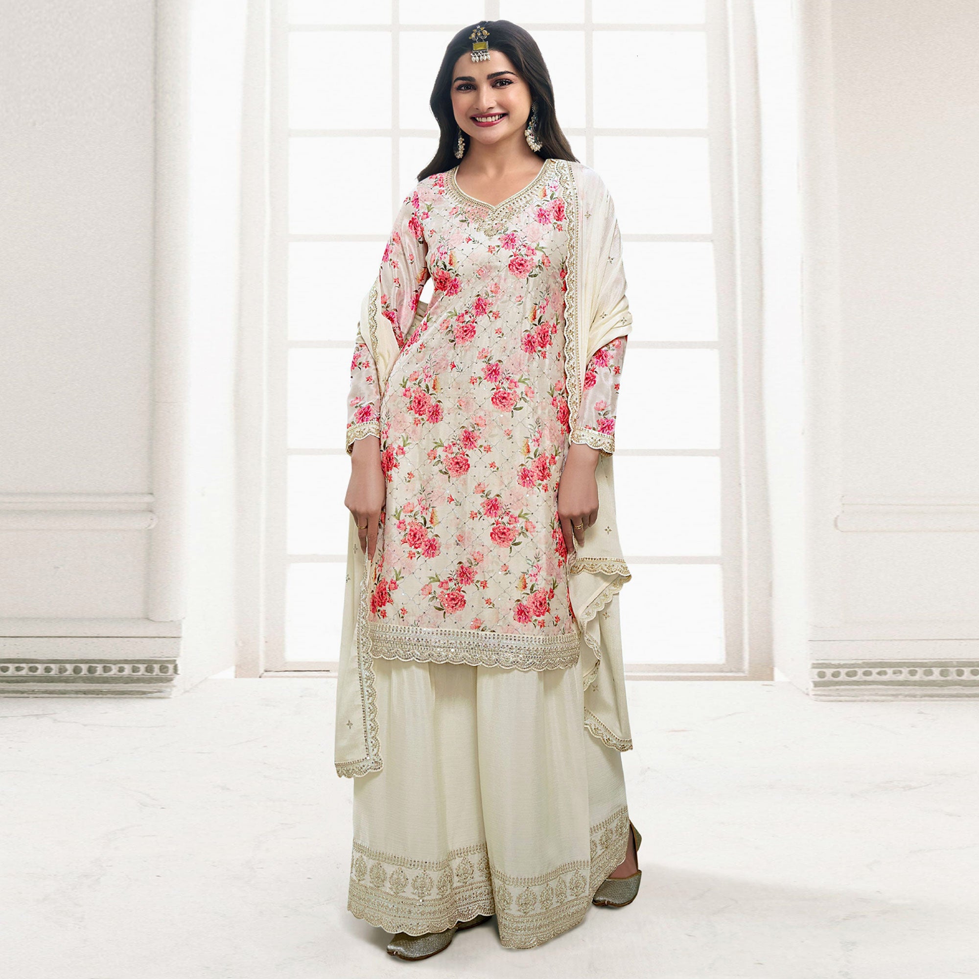 Cream Embroidered Chinon Semi Stitched Dress Material