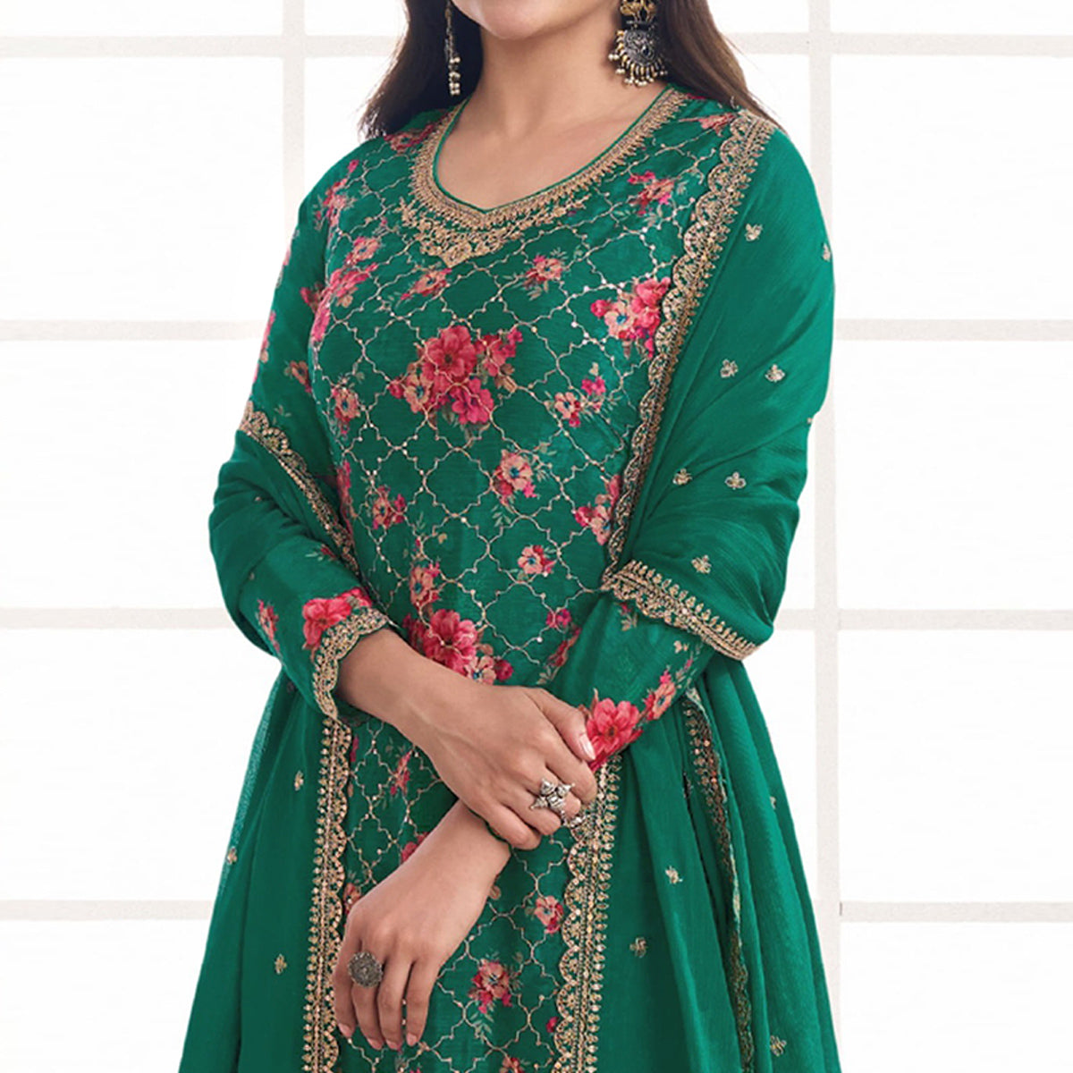 Green Embroidered Chinon Semi Stitched Dress Material