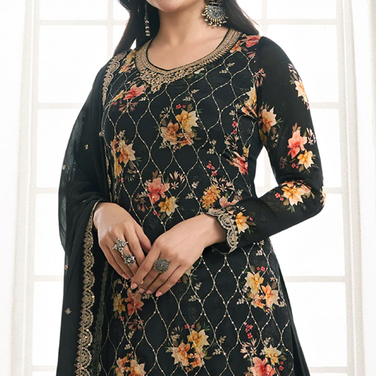 Black Embroidered Chinon Semi Stitched Dress Material