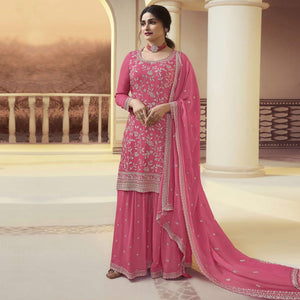 Pink Floral Embroidered Chinon Sharara Salwar Suit