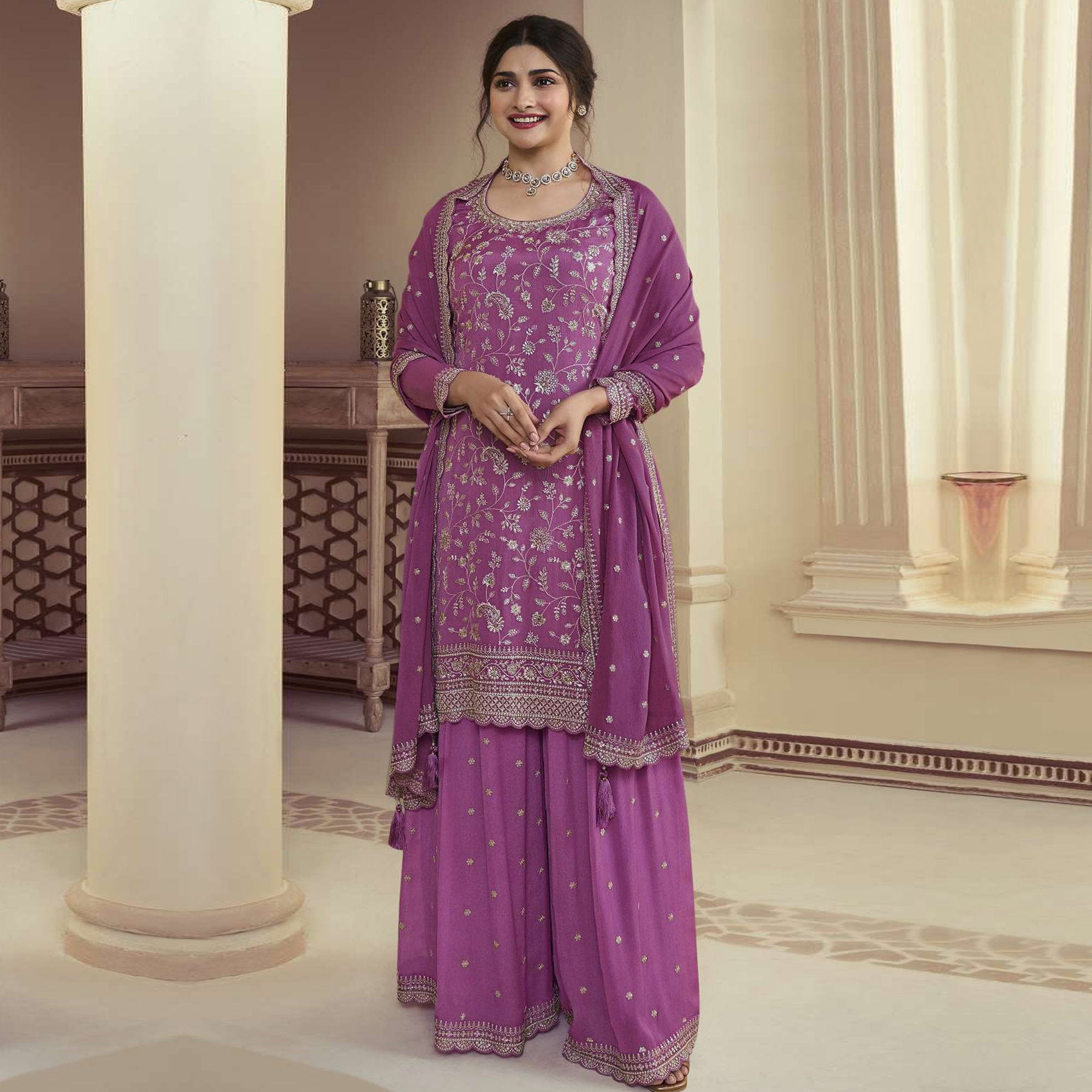 Purple Floral Embroidered Chinon Semi Stitched Sharara Suit