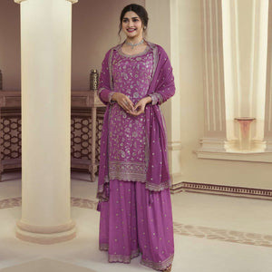 Purple Floral Embroidered Chinon Semi Stitched Sharara Suit