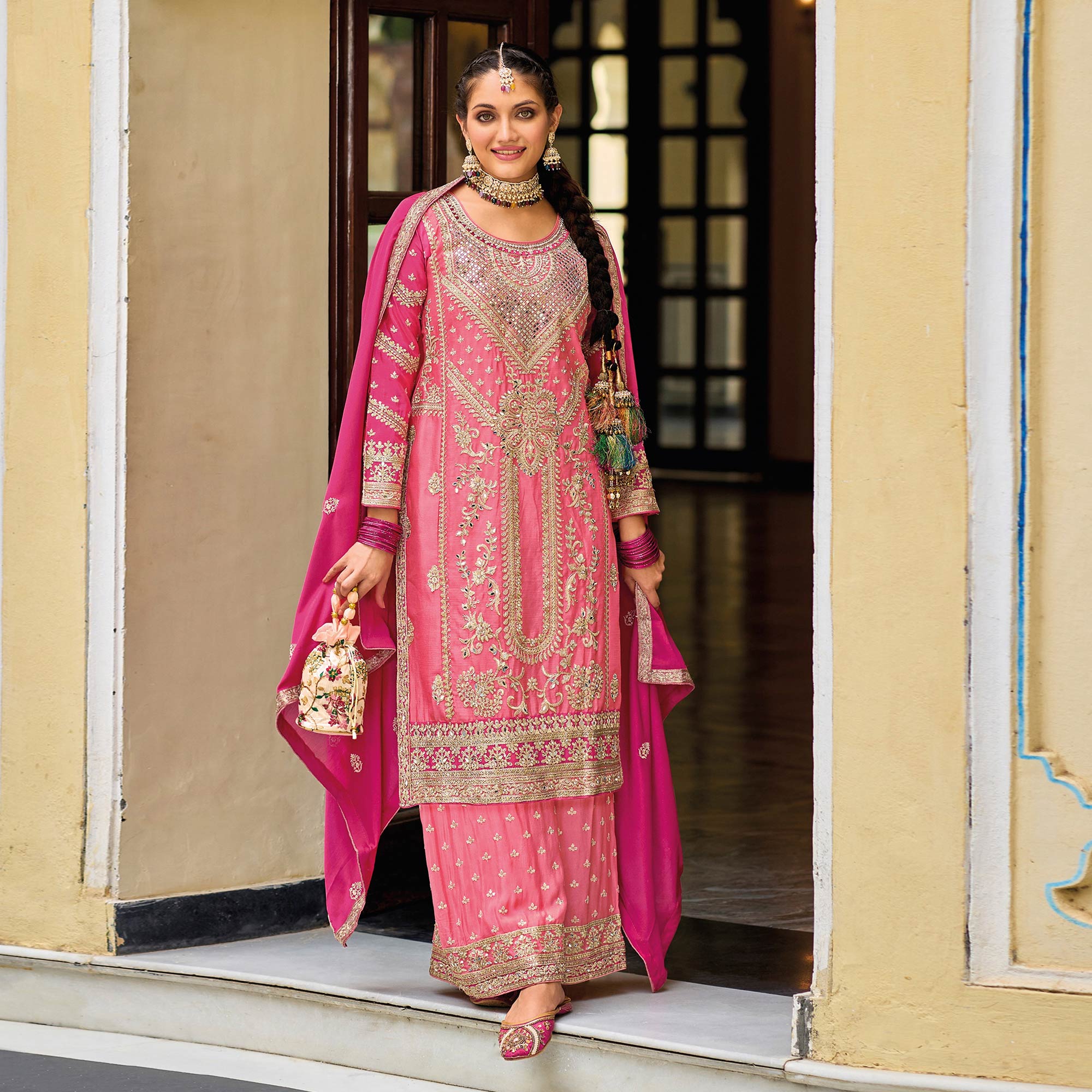 Pink Floral Embroidered Chinon Palazzo Suit