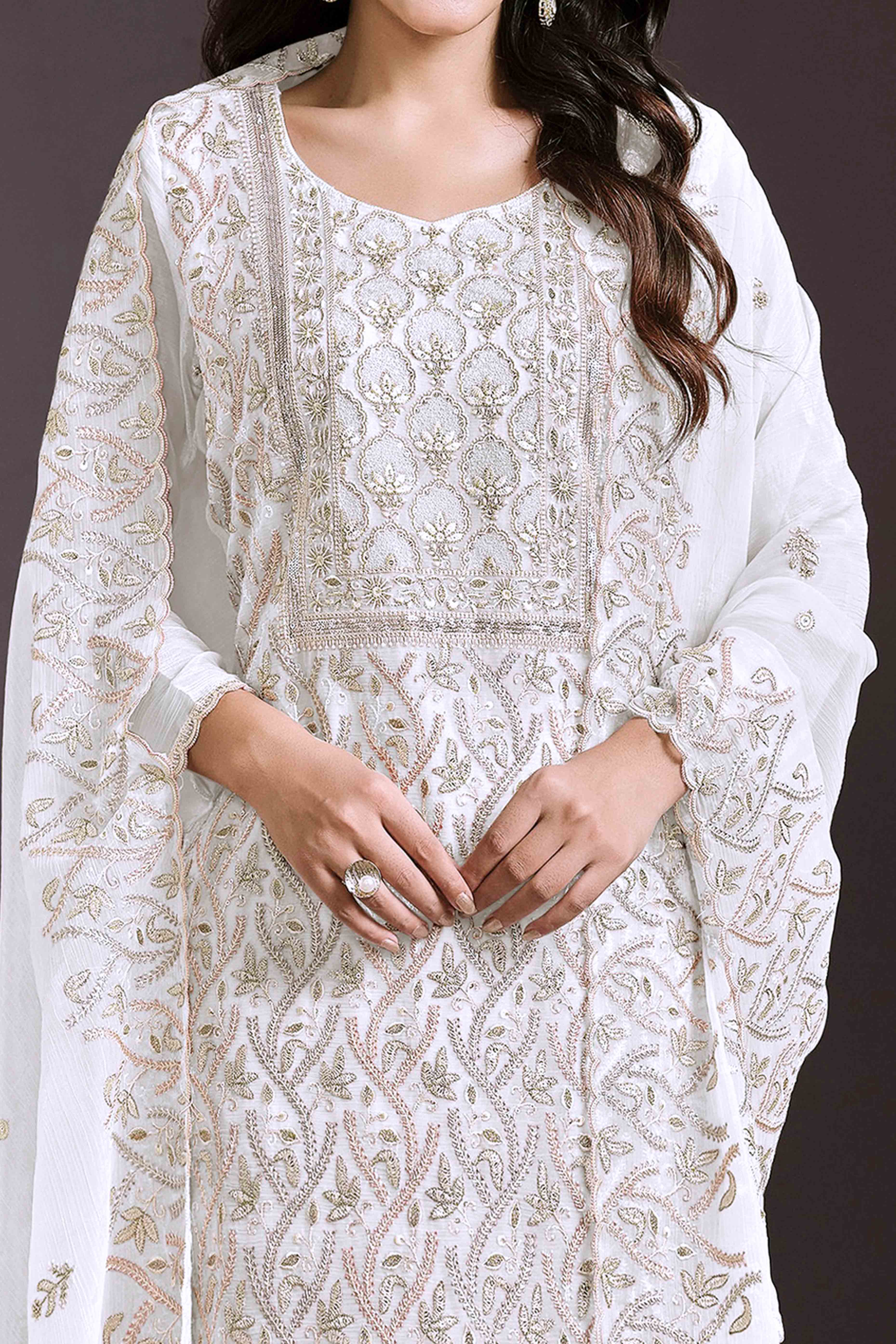 Offwhite Floral Sequins Embroidered Chinon Semi Stitched Suit