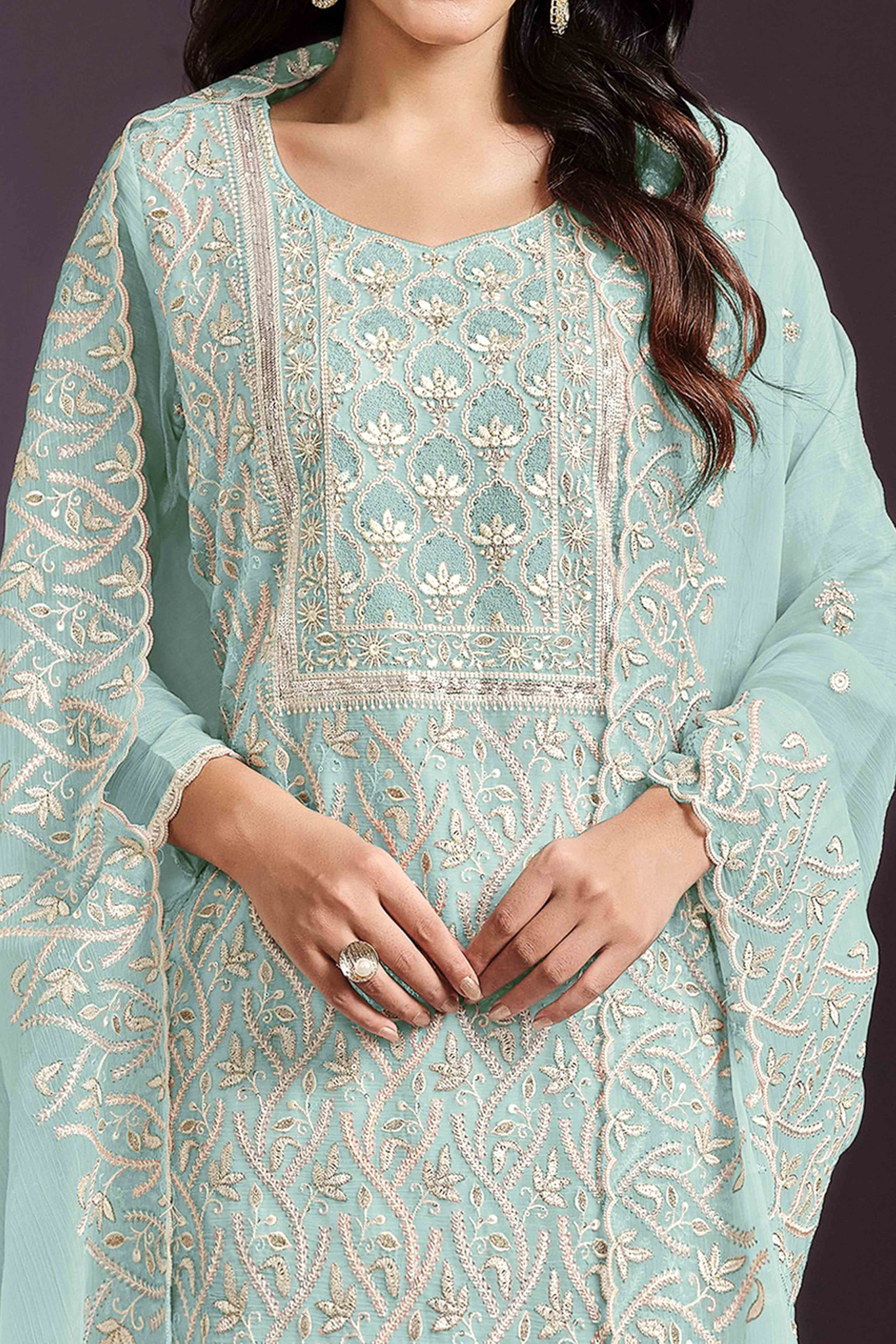 Turquoise Floral Sequins Embroidered Chinon Semi Stitched Suit