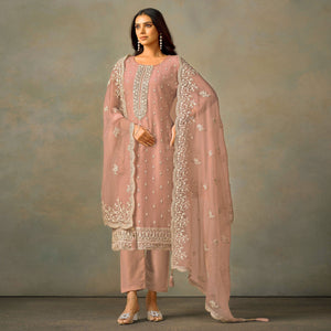 Peach Floral Sequins Embroidered Organza Semi Stitched Salwar Suit