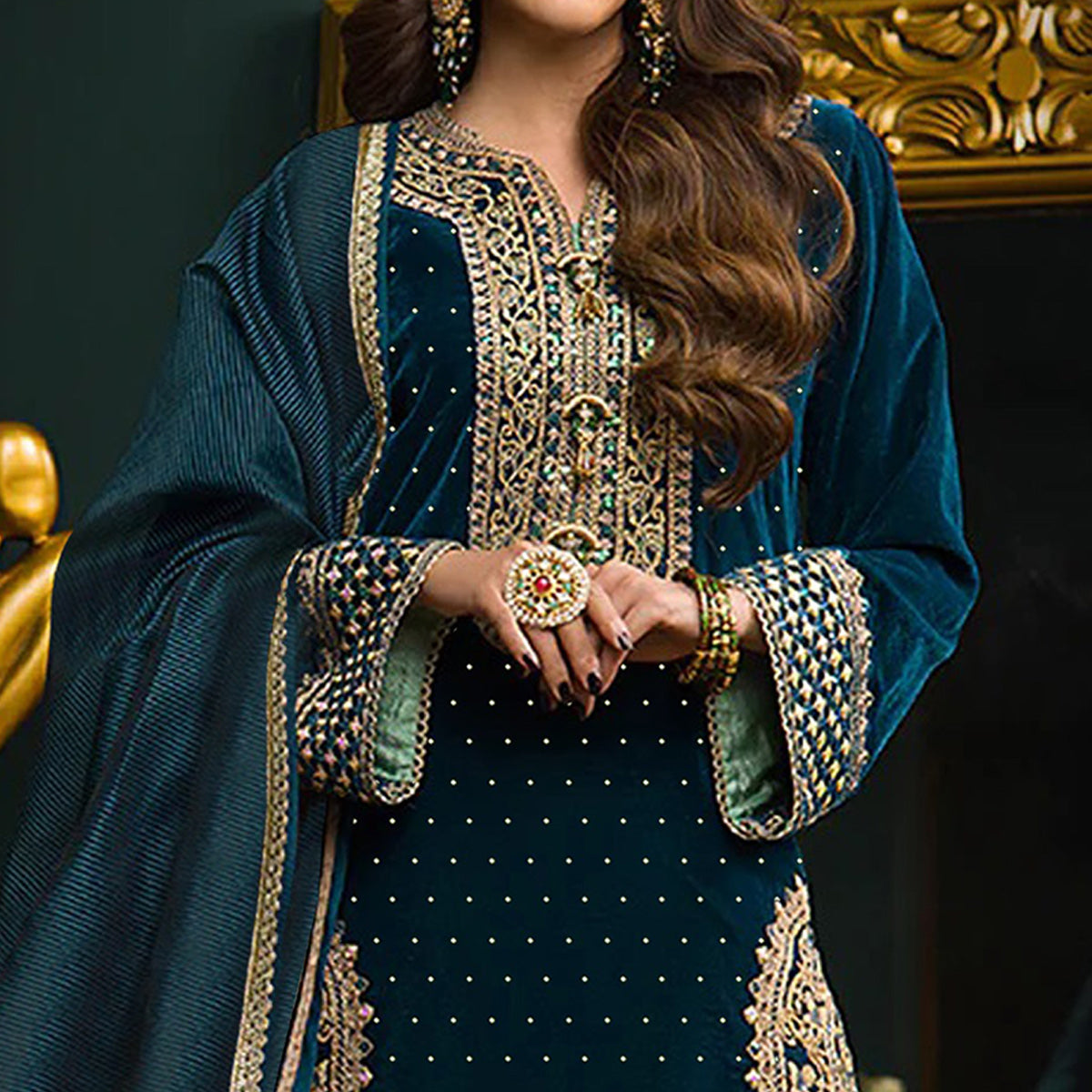 Teal Embroidered Velvet Semi Stitched Salwar Suit