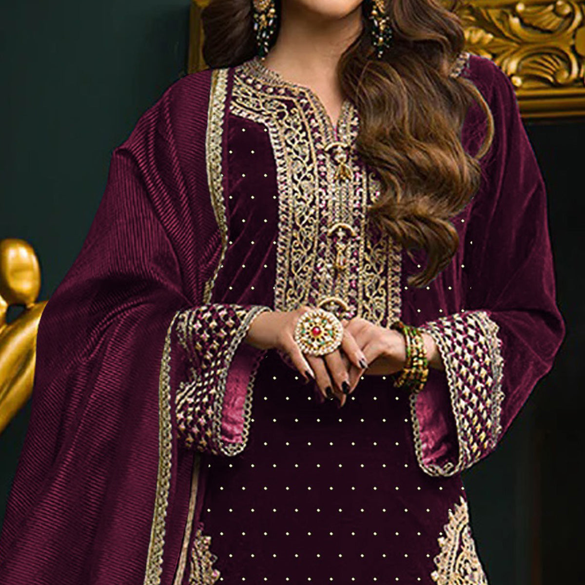 Wine Embroidered Velvet Semi Stitched Salwar Suit