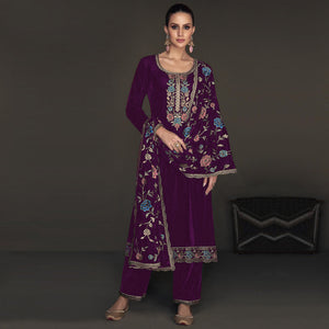 Purple Floral Embroidered Velvet Semi Stitched Suit
