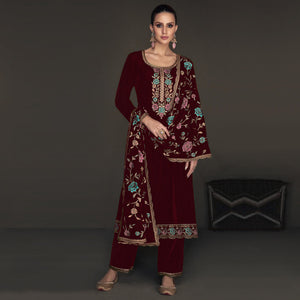 Maroon Floral Embroidered Velvet Semi Stitched Suit