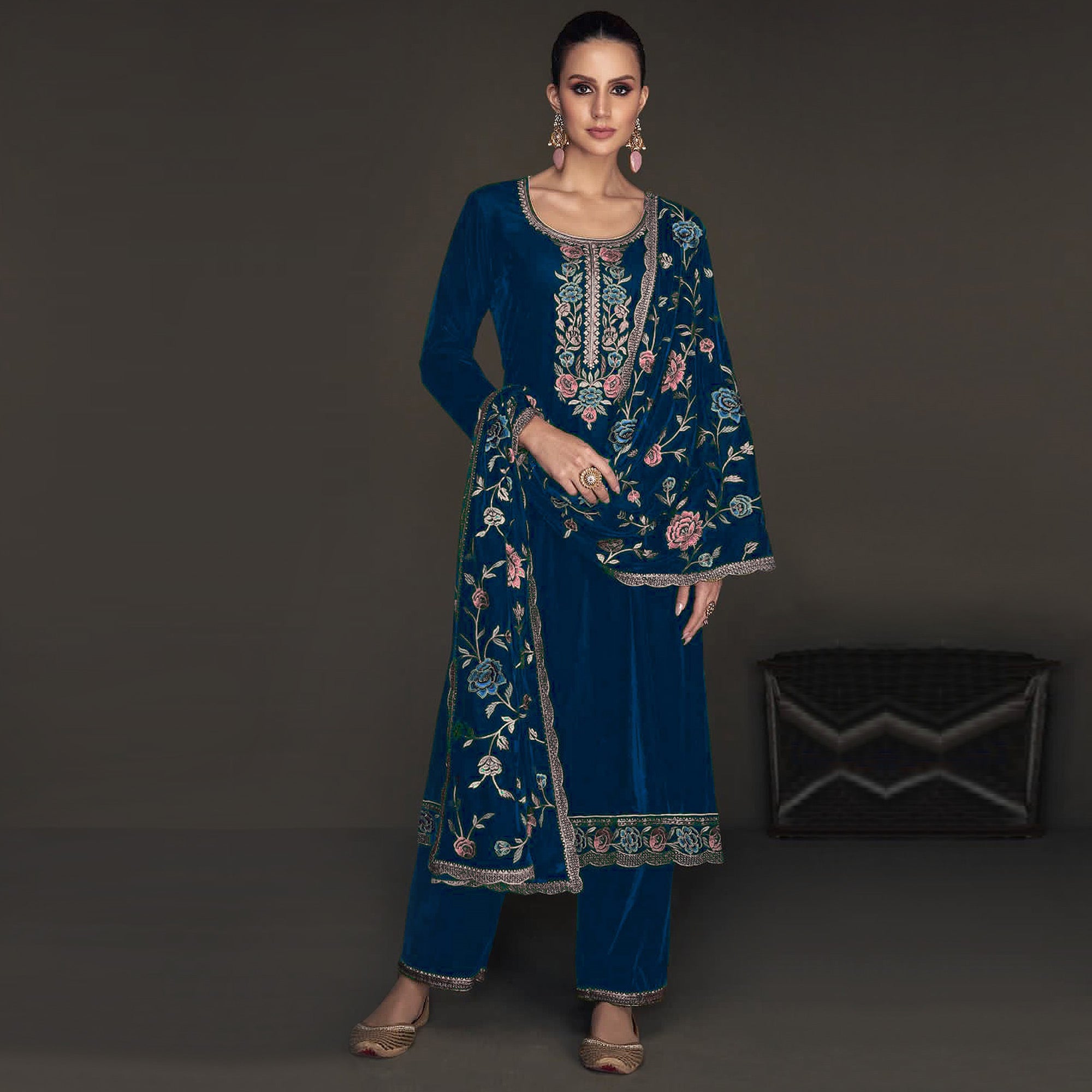 Morpich Floral Embroidered Velvet Semi Stitched Suit