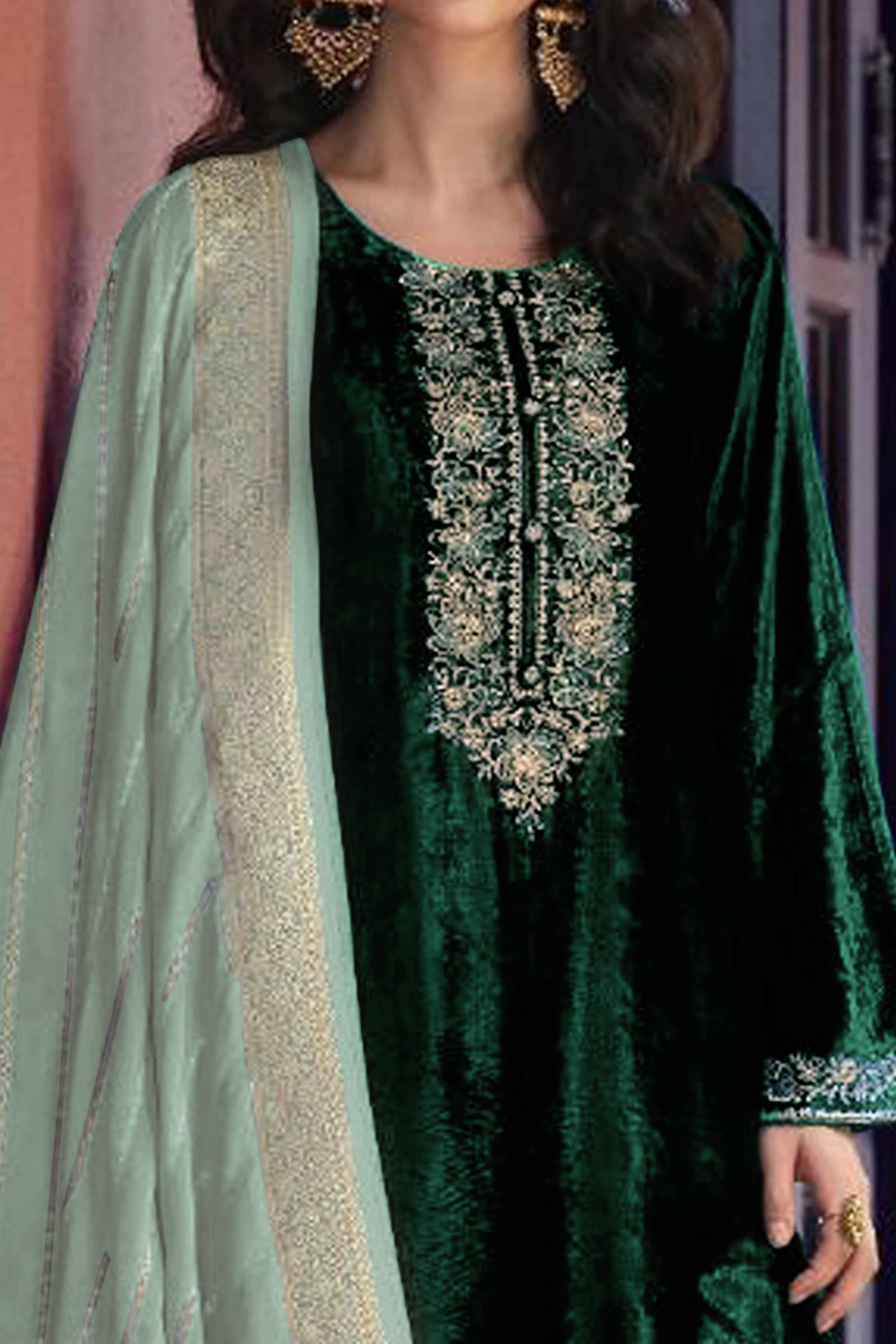 Green Embroidered Velvet Semi-Stitched Salwar Suit