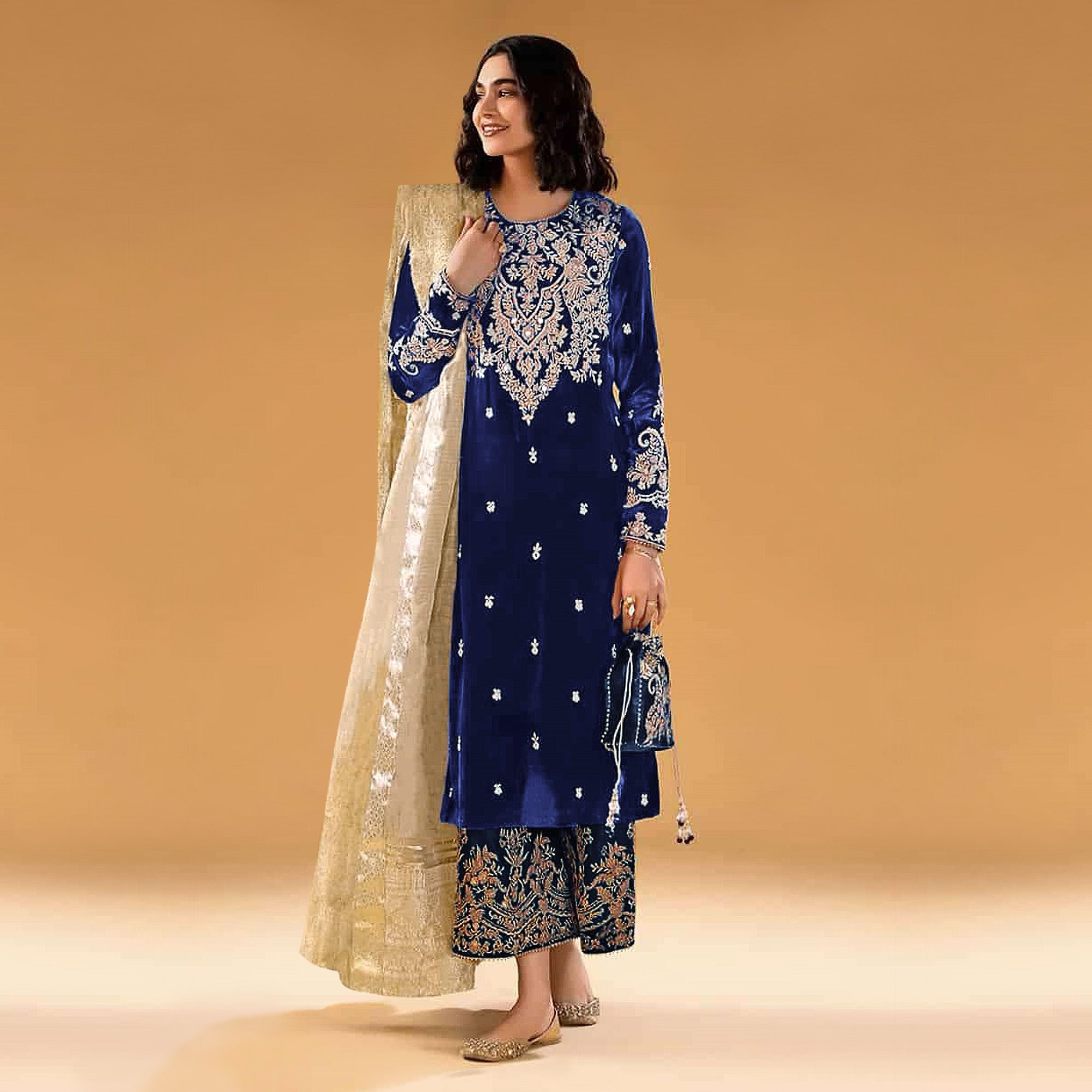 Blue Floral Embroidered Velvet Semi Stitched Suit