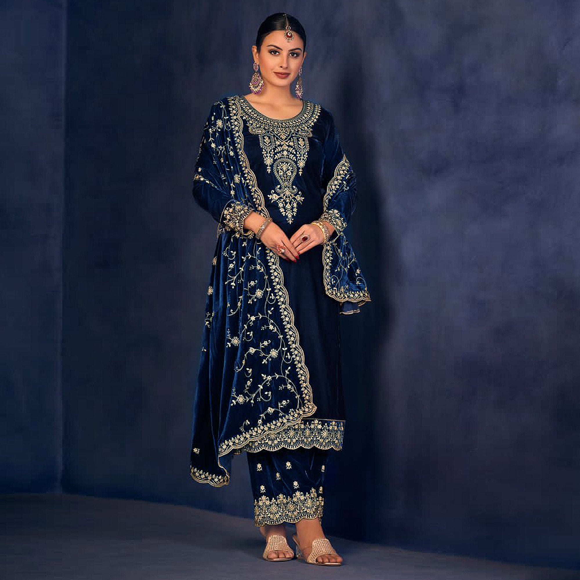 Blue Floral Sequins Embroidered Velvet Semi Stitched Suit