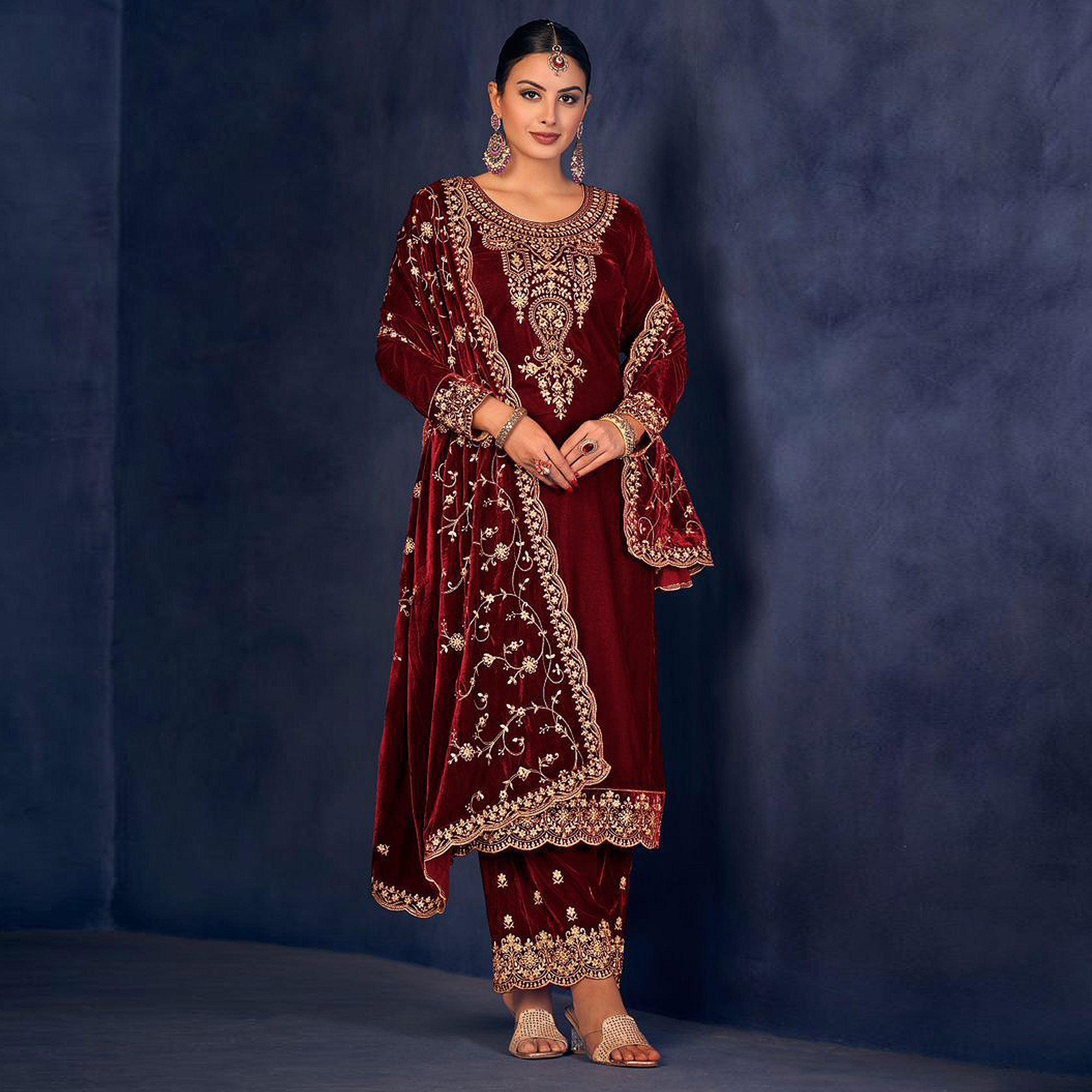 Maroon Floral Sequins Embroidered Velvet Semi Stitched Suit