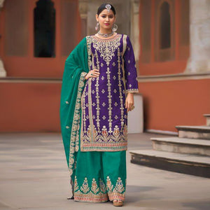 Purple Floral Sequins Embroidered Chinon Silk Palazzo Suit
