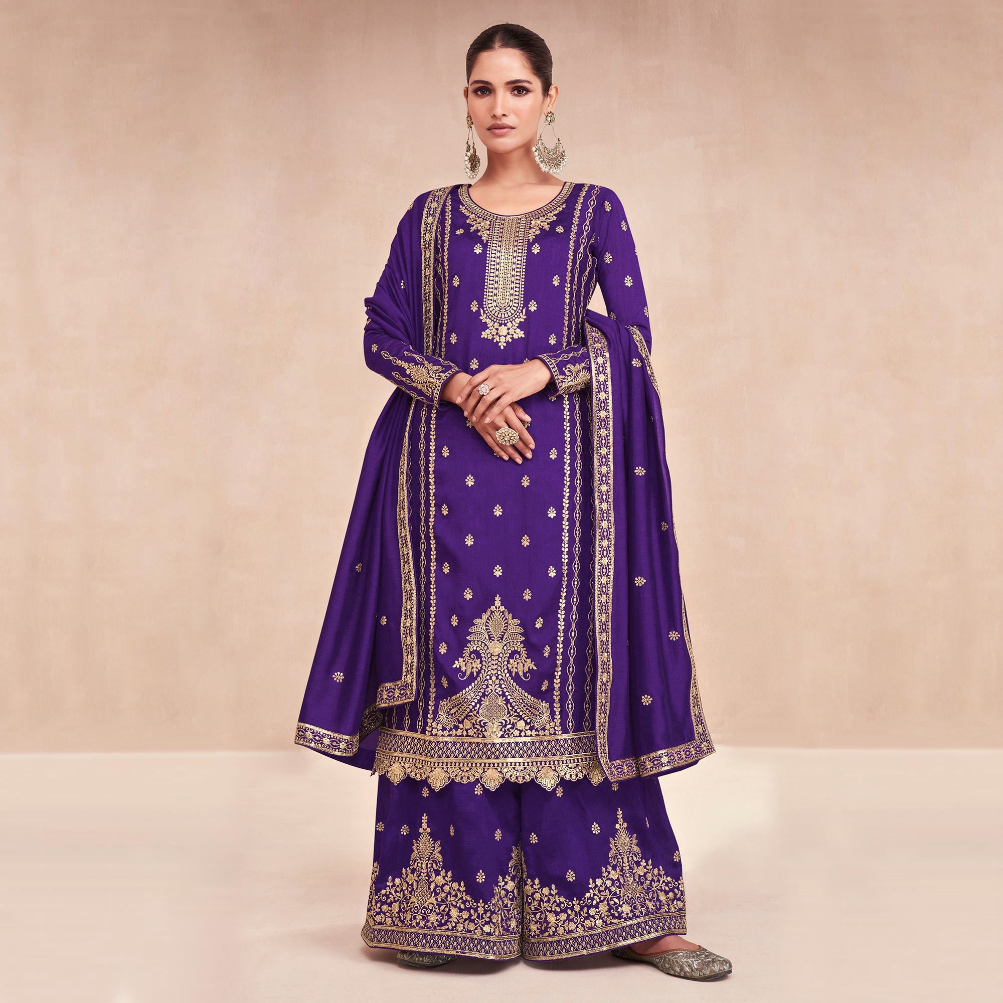 Purple Floral Embroidered Art Silk Semi Stitched Palazzo Suit