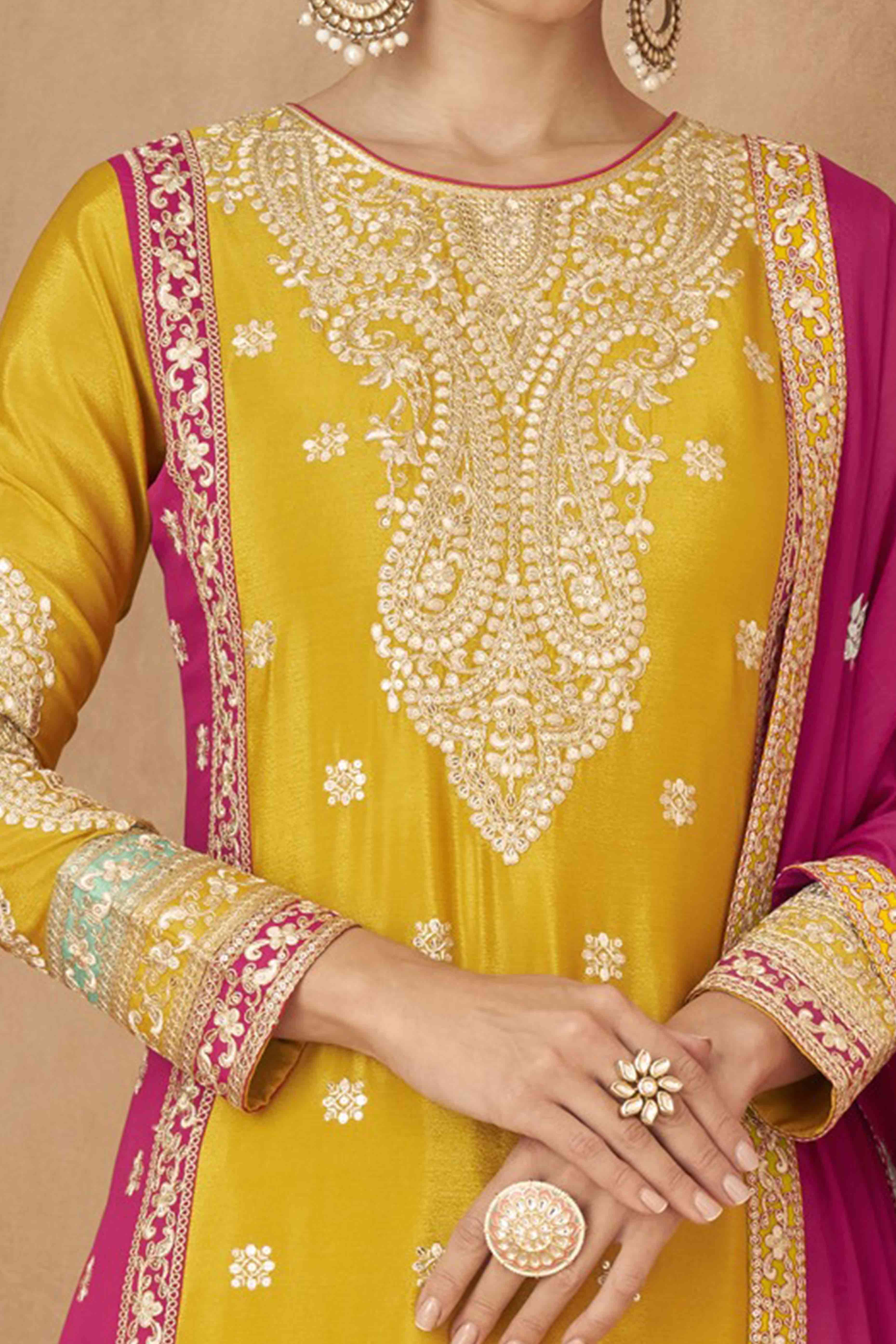 Mustard Embroidered Sequins Work Chinon Semi-Stitched Salwar Suit