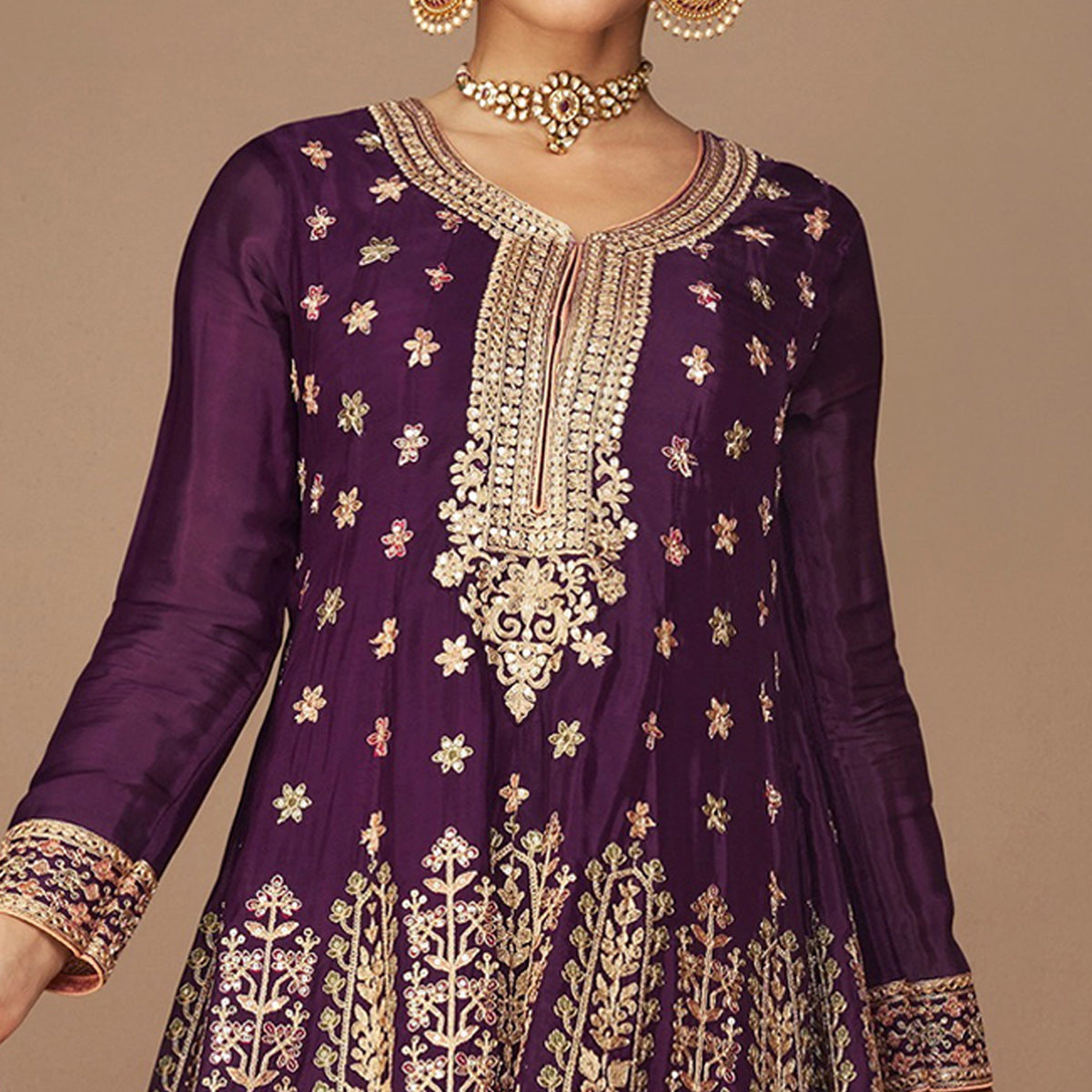 Wine Floral Embroidered Georgette Semi Stitched Suit