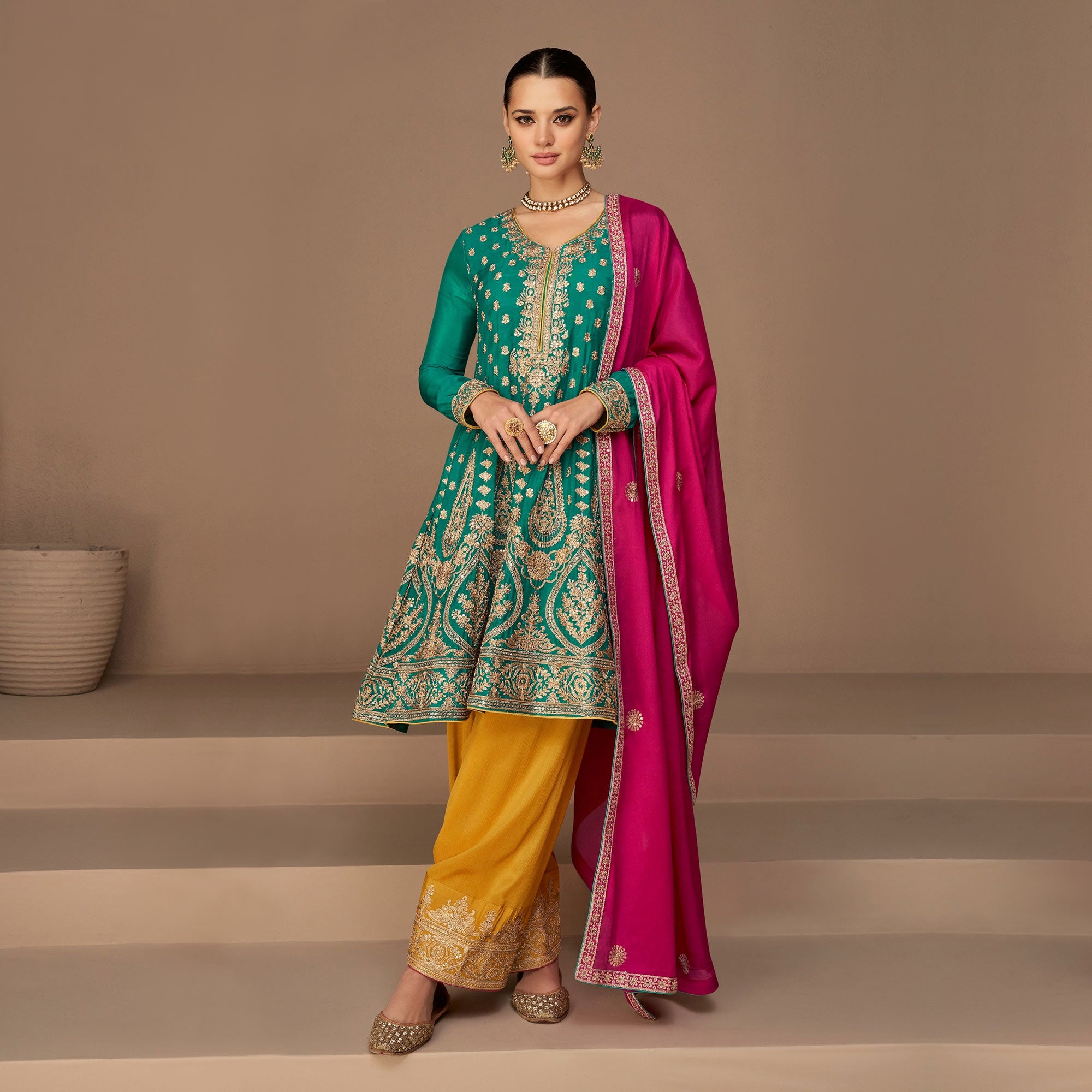 Rama Green & Mustard Floral Embroidered Georgette Semi Stitched Suit