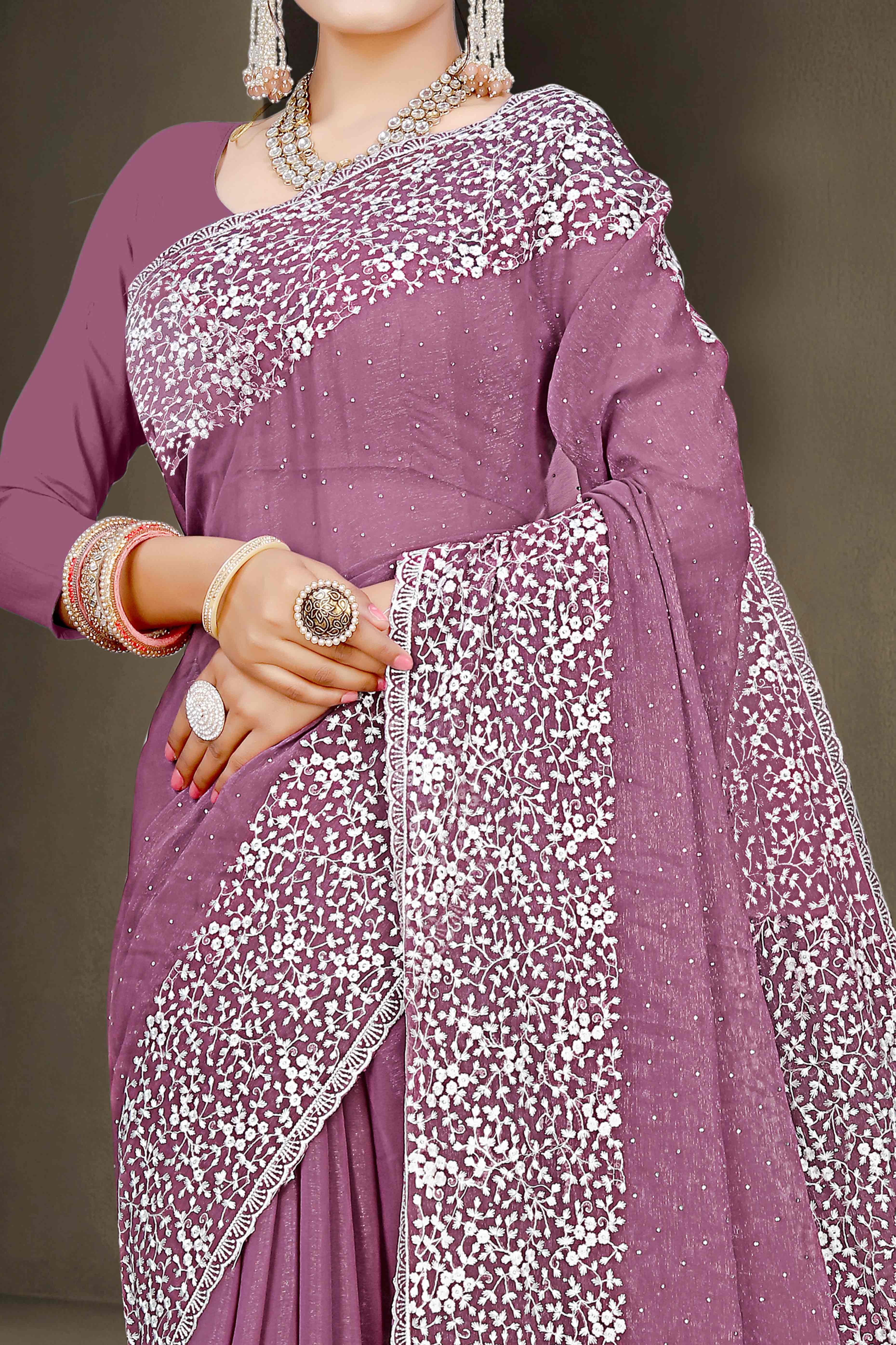 Mauve Floral Embroidery With Stonework Chiffon Shimmer Saree