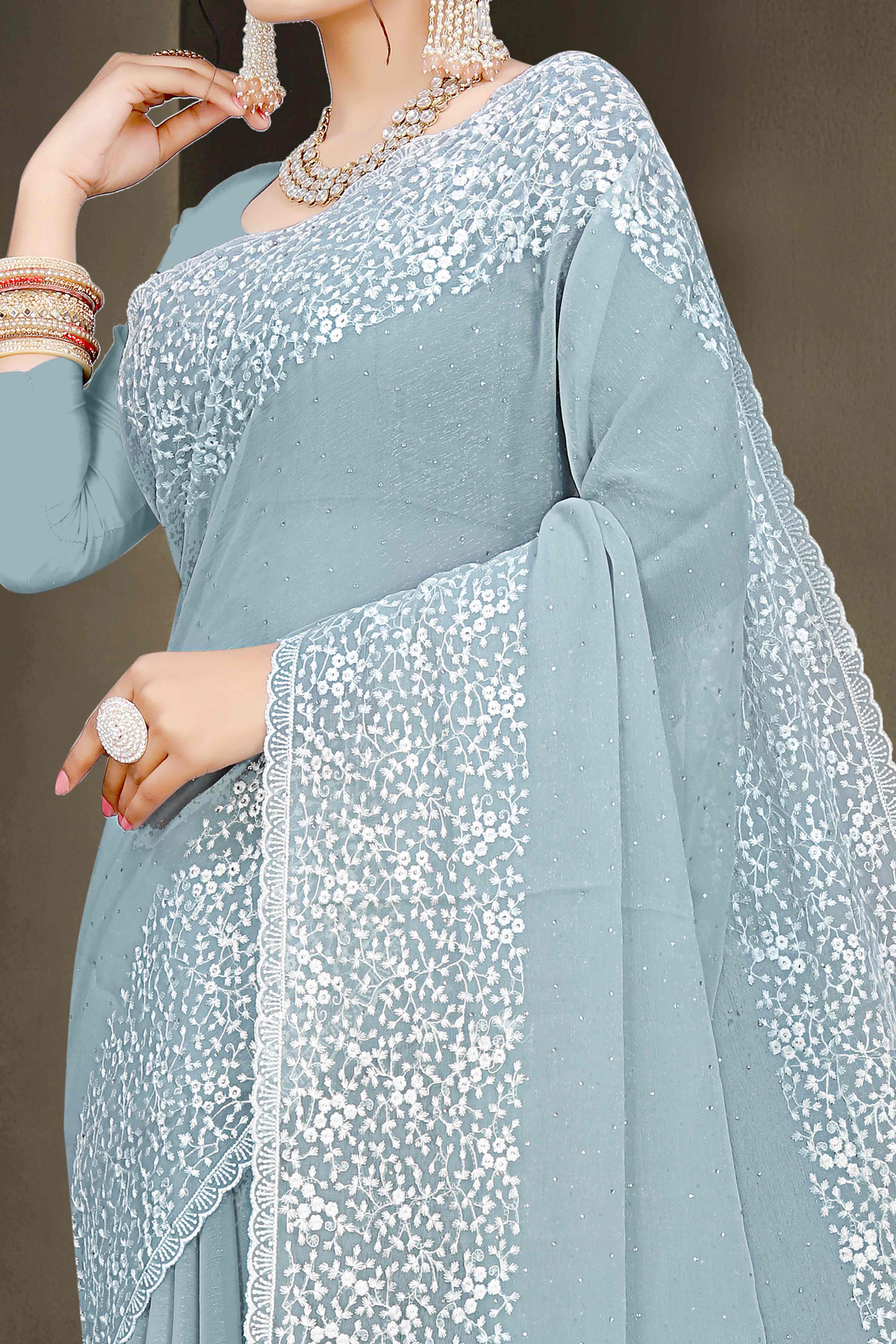 Grey Floral Embroidery With Stonework Chiffon Shimmer Saree