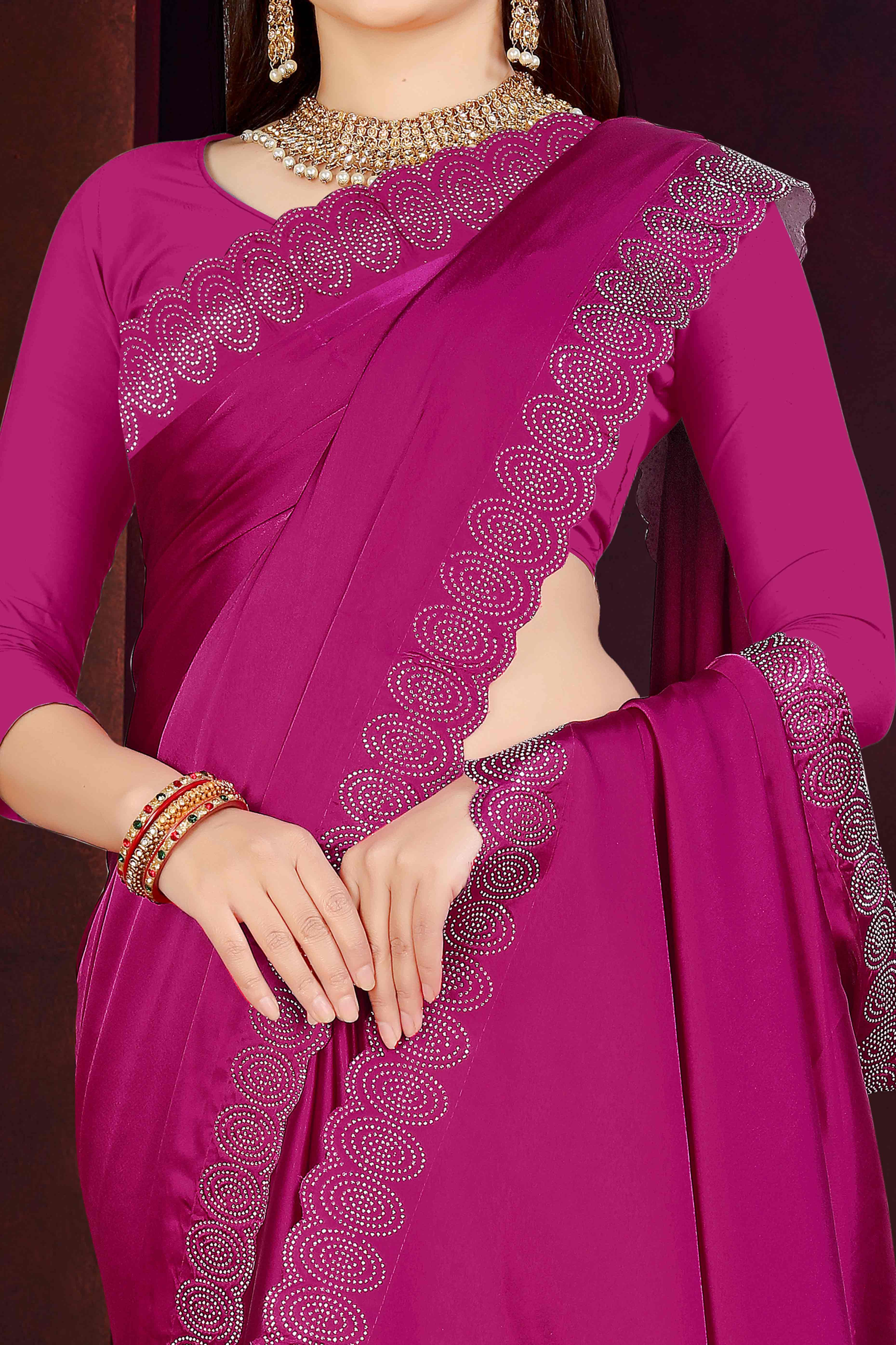 Magenta Solid With Swarovski Work Satin Saree