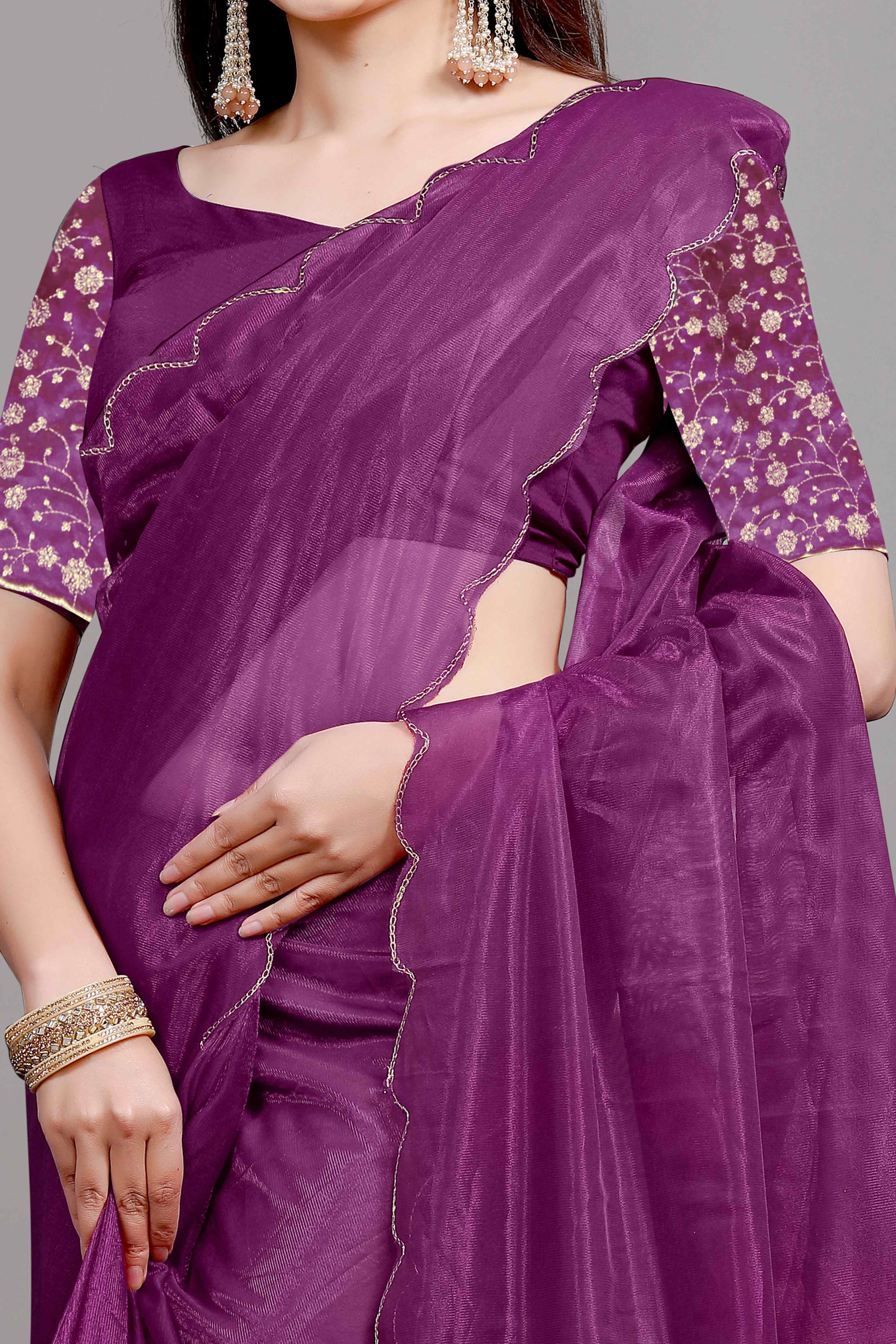 Wine Solid Net Saree With Zari Border