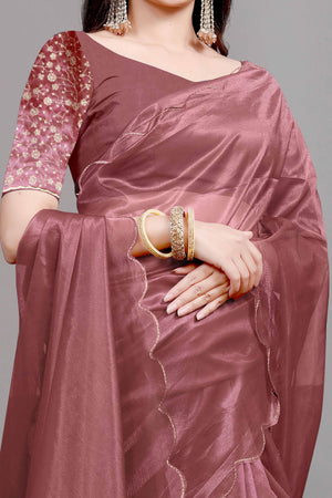 Rust Solid Net Saree With Zari Border