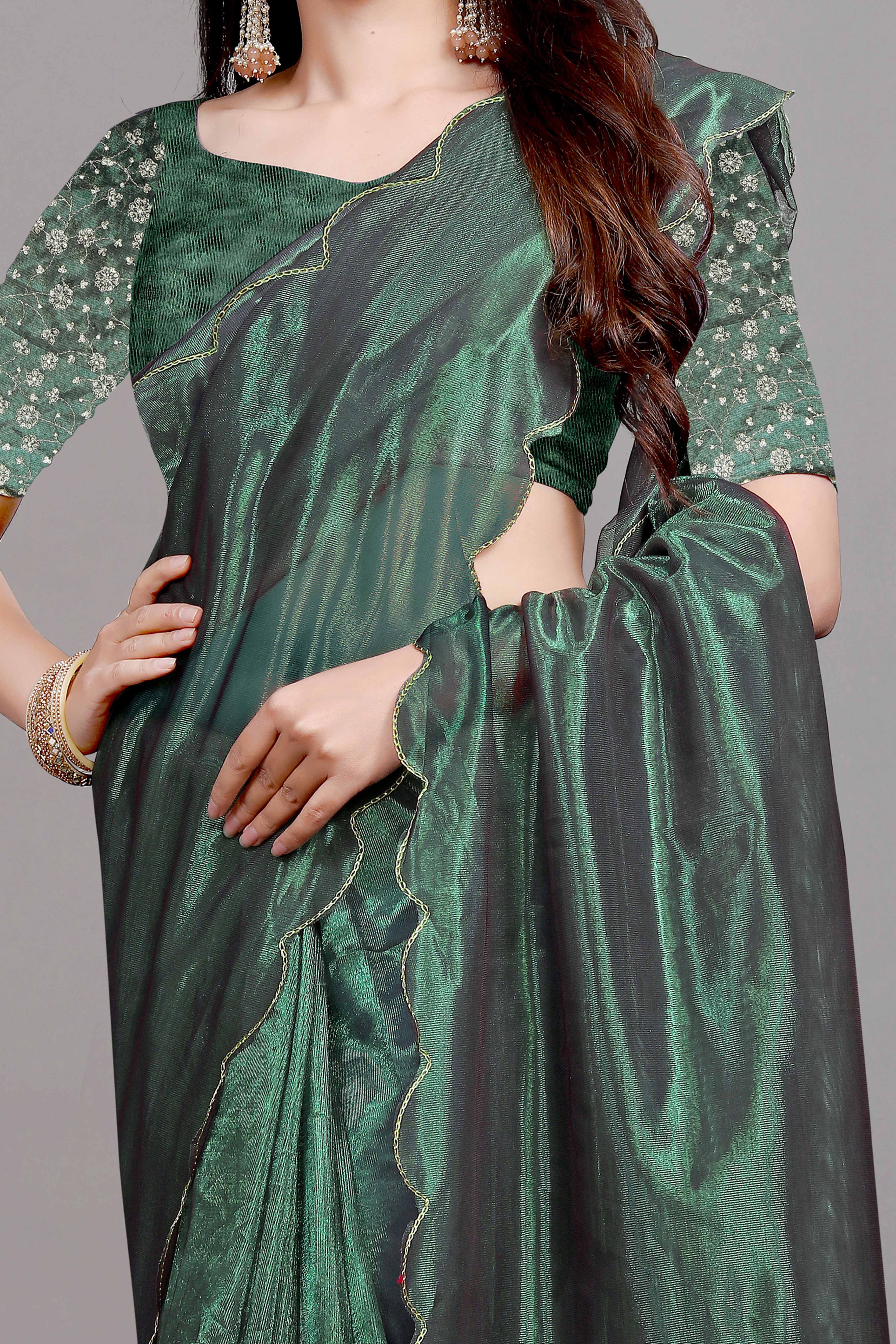 Green Solid Net Saree With Zari Border