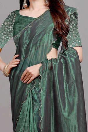 Green Solid Net Saree With Zari Border