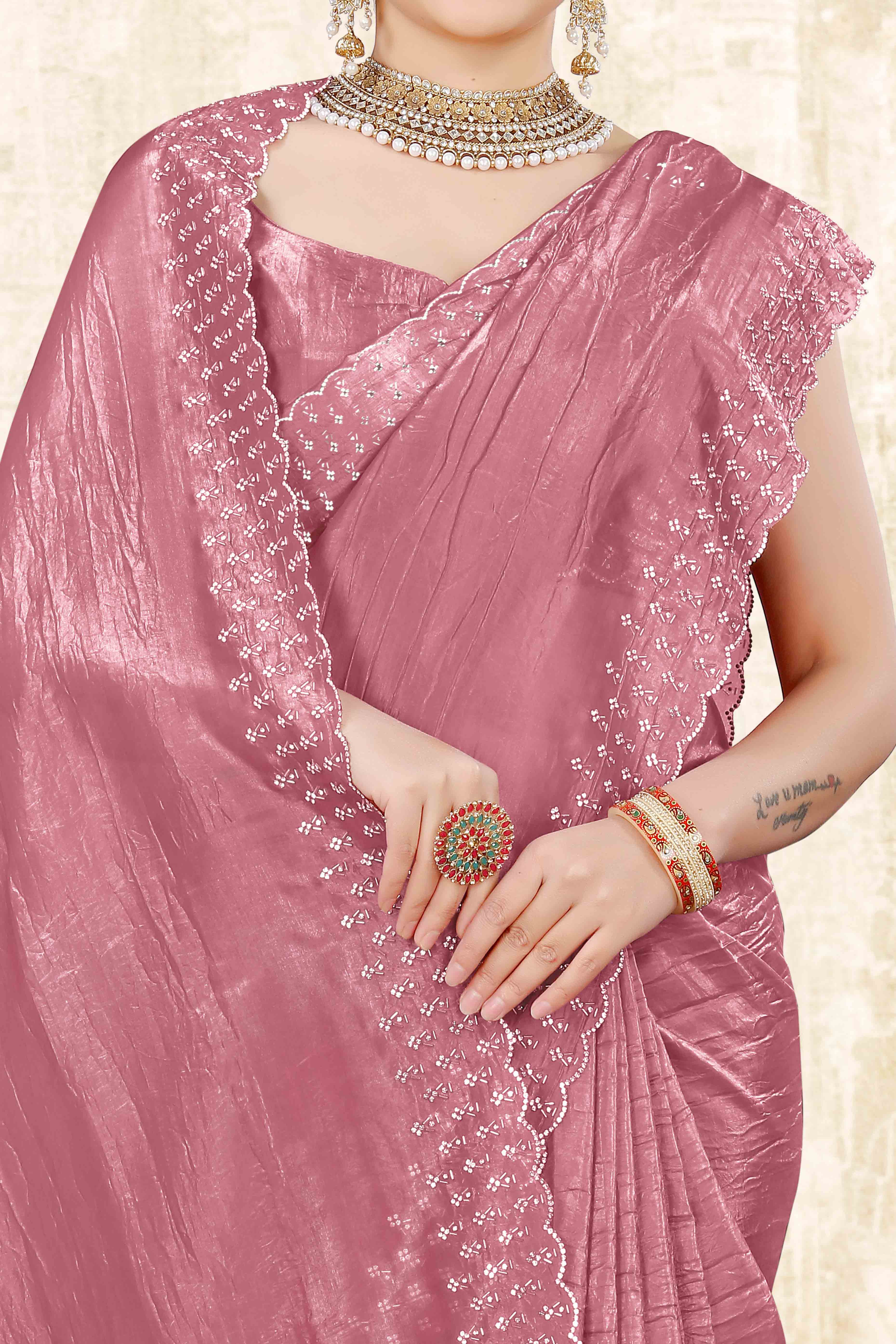 Dusty Pink Zarkan Diamond Work Tissue Gold Crush Saree