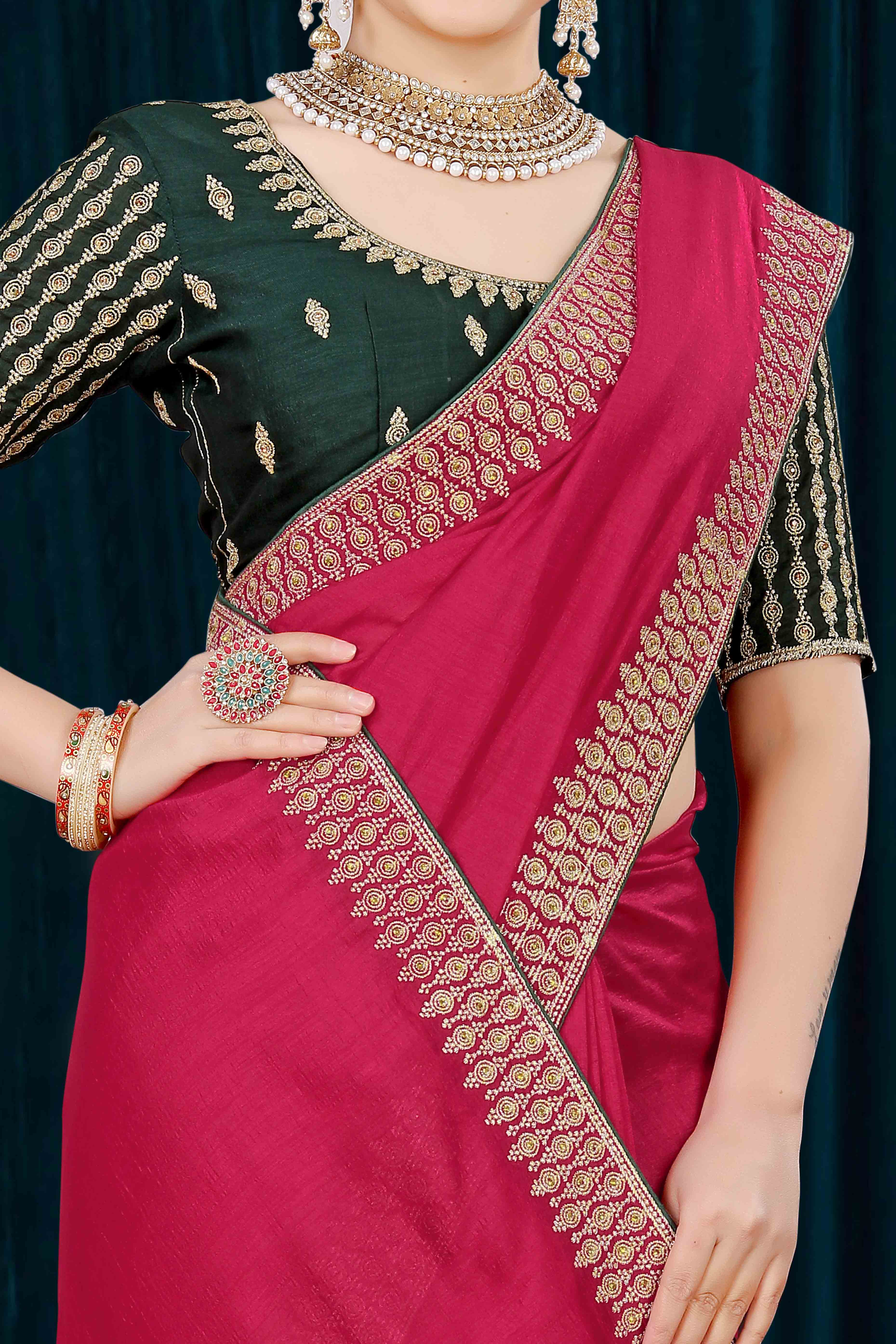 Pink Solid With Zari Embroidered Vichitra Silk Saree
