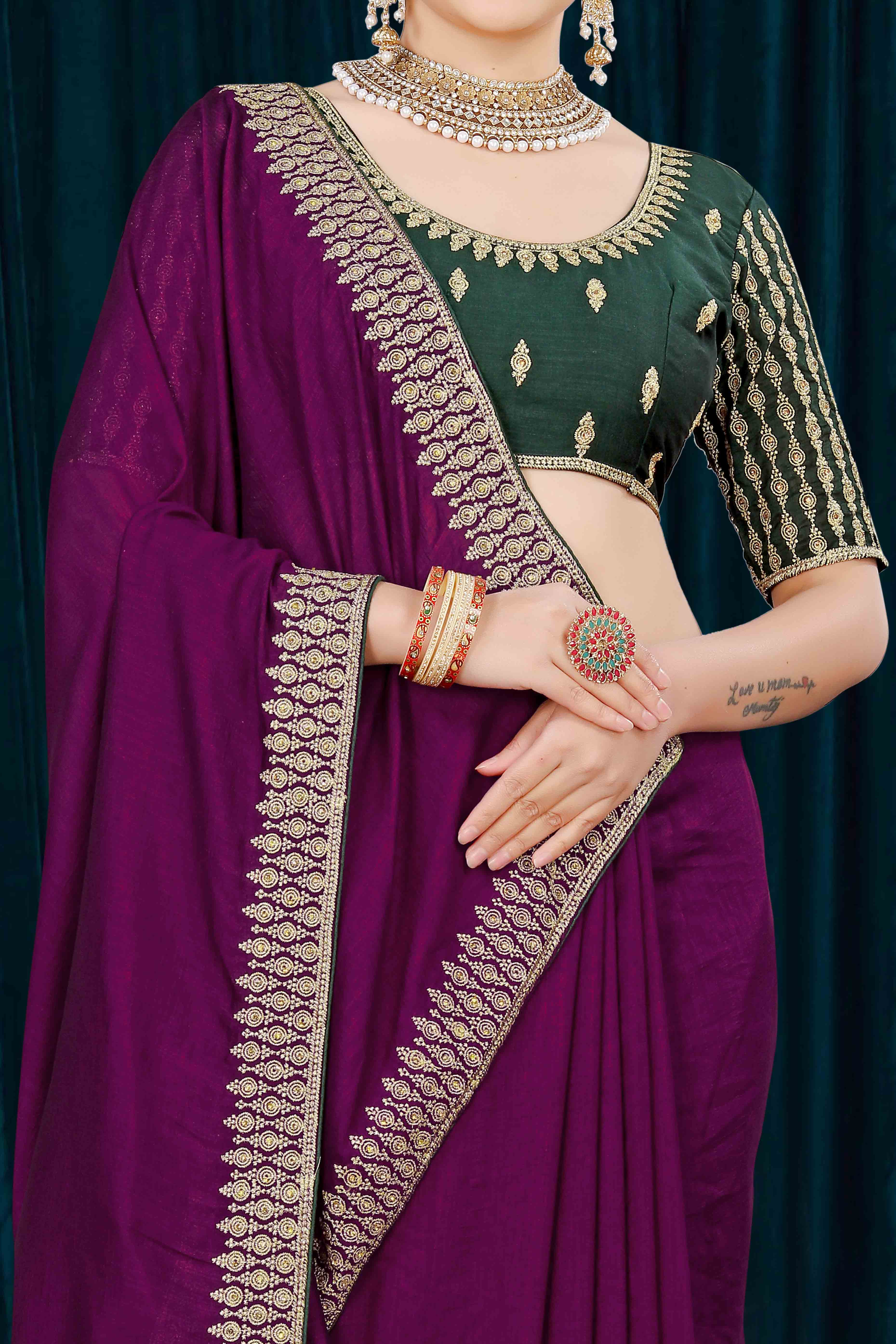 Wine Solid With Zari Embroidered Vichitra Silk Saree