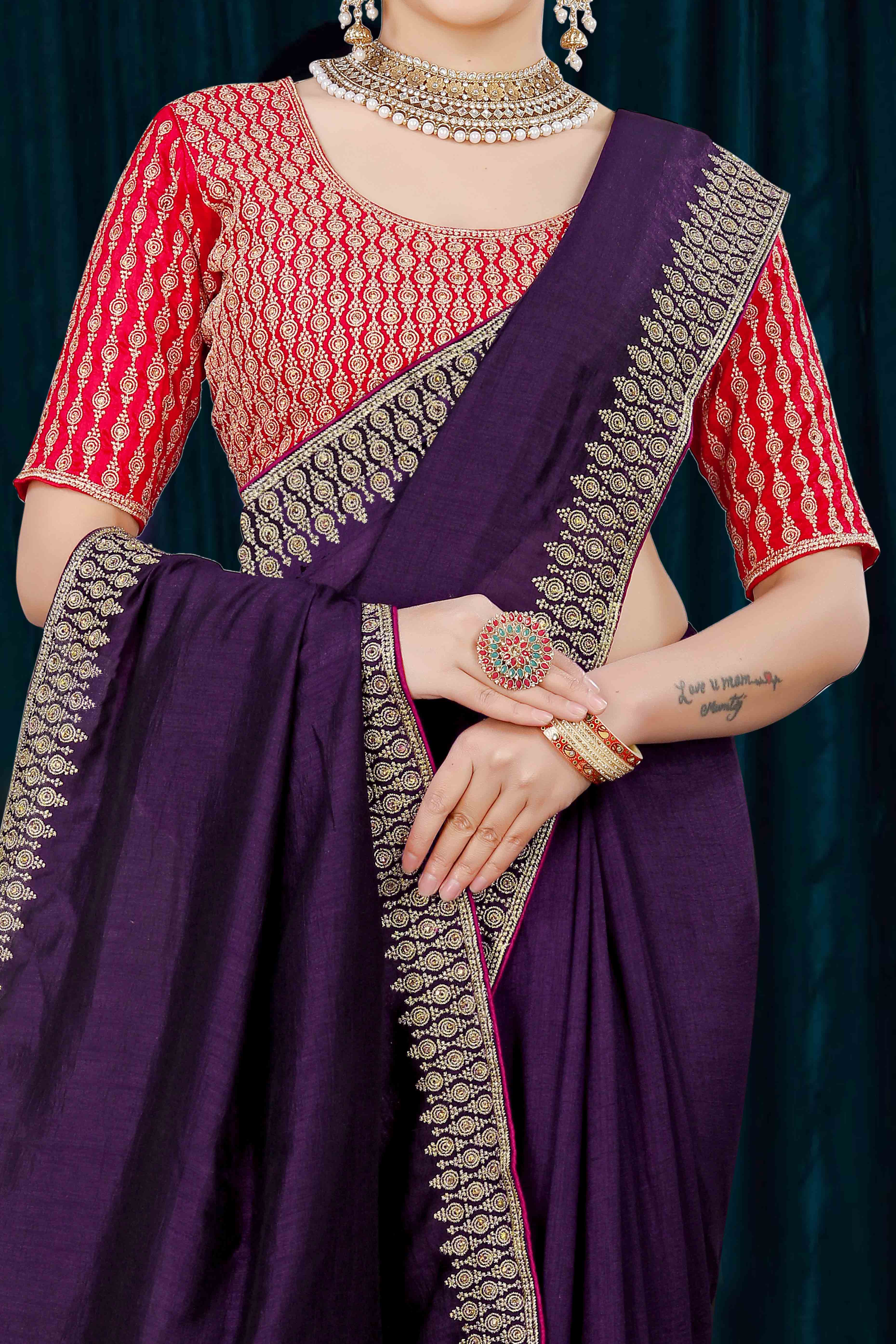 Purple Solid With Zari Embroidered Vichitra Silk Saree