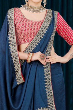 Blue Solid With Zari Embroidered Vichitra Silk Saree